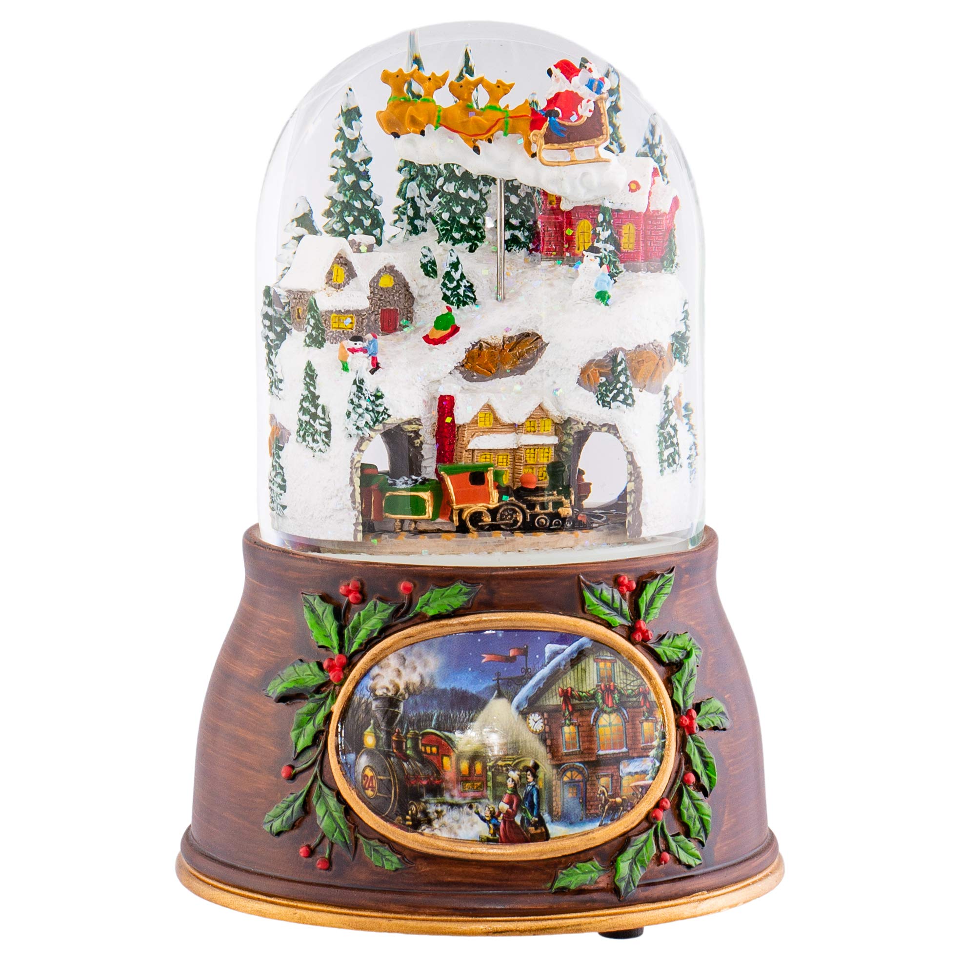 Musical Village with Santa Train Brown 6 inch Resin Holiday Wind Up Snow Dome