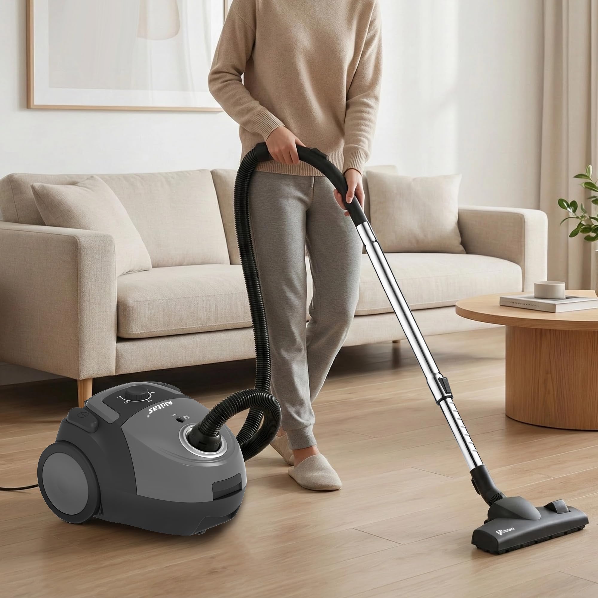 Odkurzacz workowy Akitas C5, moc ssąca 850W, promień działania 9 m, filtr HEPA dla alergików i zwierząt domowych, dysza podłogowa Wessel-Werk, zawiera 3 akcesoria, kompaktowy i lekki