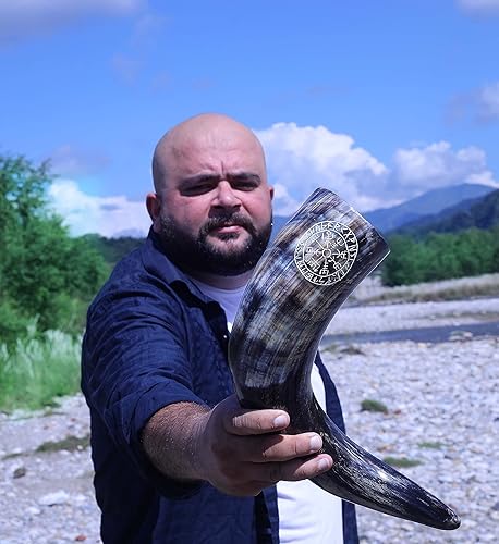 Miniatura 6 de Cuerno vikingo para beber  12 pulgadas con brújula vikinga grabada y funda de cuero  Taza de cerveza hecha a mano  Grado alimenticio  Cuerno de buey