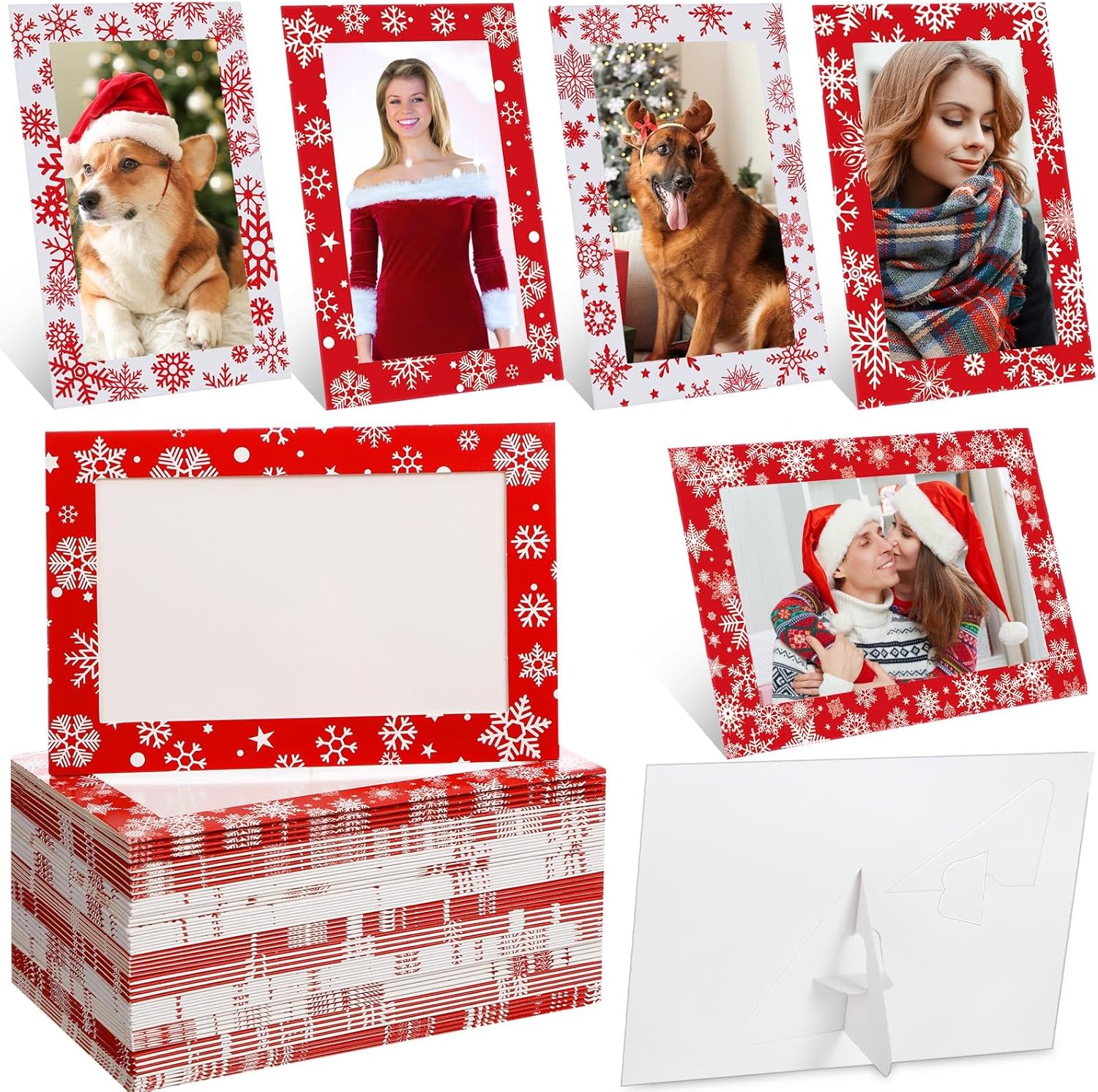 Qunclay 100 Pcs Christmas Picture Frame Ornaments 4x6 Paper Photo Frames Bulk with Stand Cardboard Tabletop Picture Frames Ornament for DIY Crafts Xmas Tree Hanging Decor (Red,Snowflake Style)