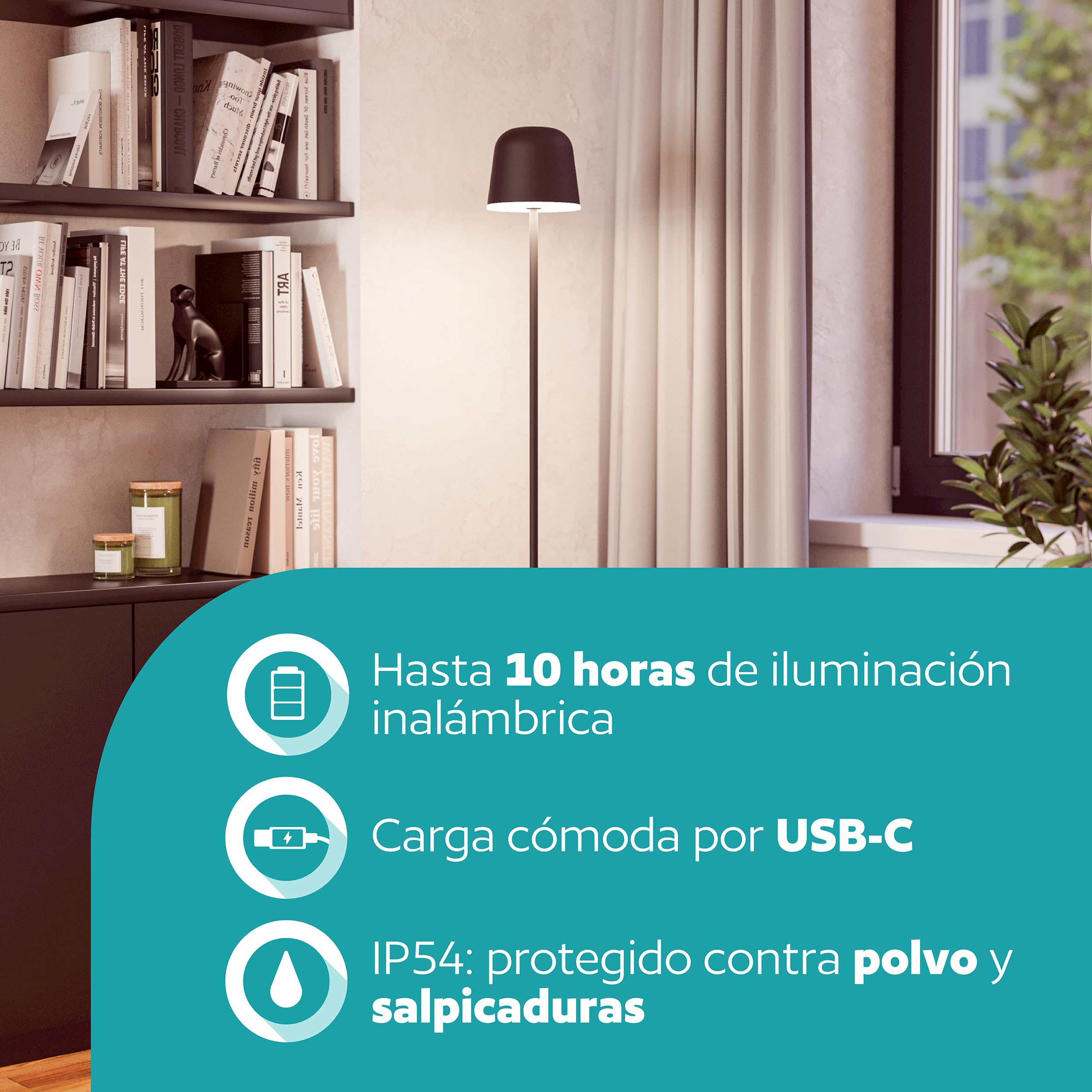 EGLO Mannera-L, lámpara de pie inalámbrica, regulable al tacto, lámpara | de pie de metal en negro, para exterior e interior, IP54