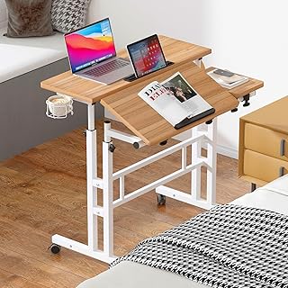 SogesHome 31.5 inch Mobile Standing Desk Adjustable Computer Desk Rolling Laptop Cart Portable Laptop Stand on Wheels Home Office Workstation with Cup Holder,Headphone Holder (Oak)