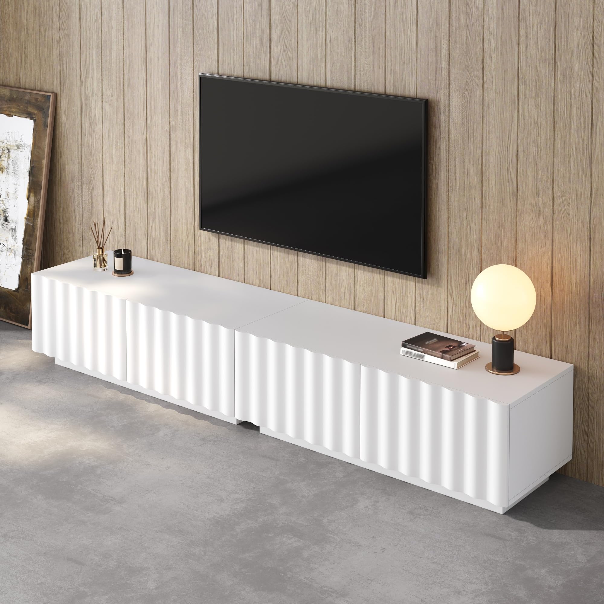 Wohnzimmer-Set mit Wellenoptik, TV-Schrank + Couchtisch, modernes Stauraumset,stabil und praktisch (Weiß)