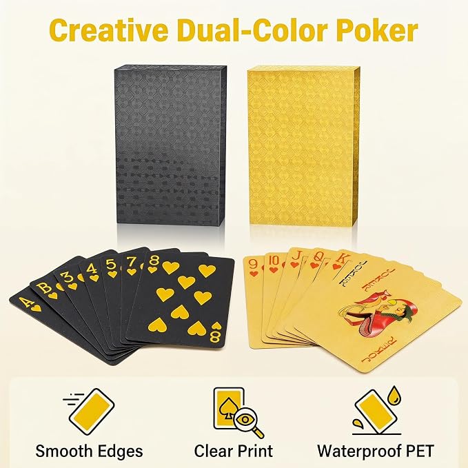 2 Paquetes de Naipes de Poker Negro Oro Impermeables miniatura 3