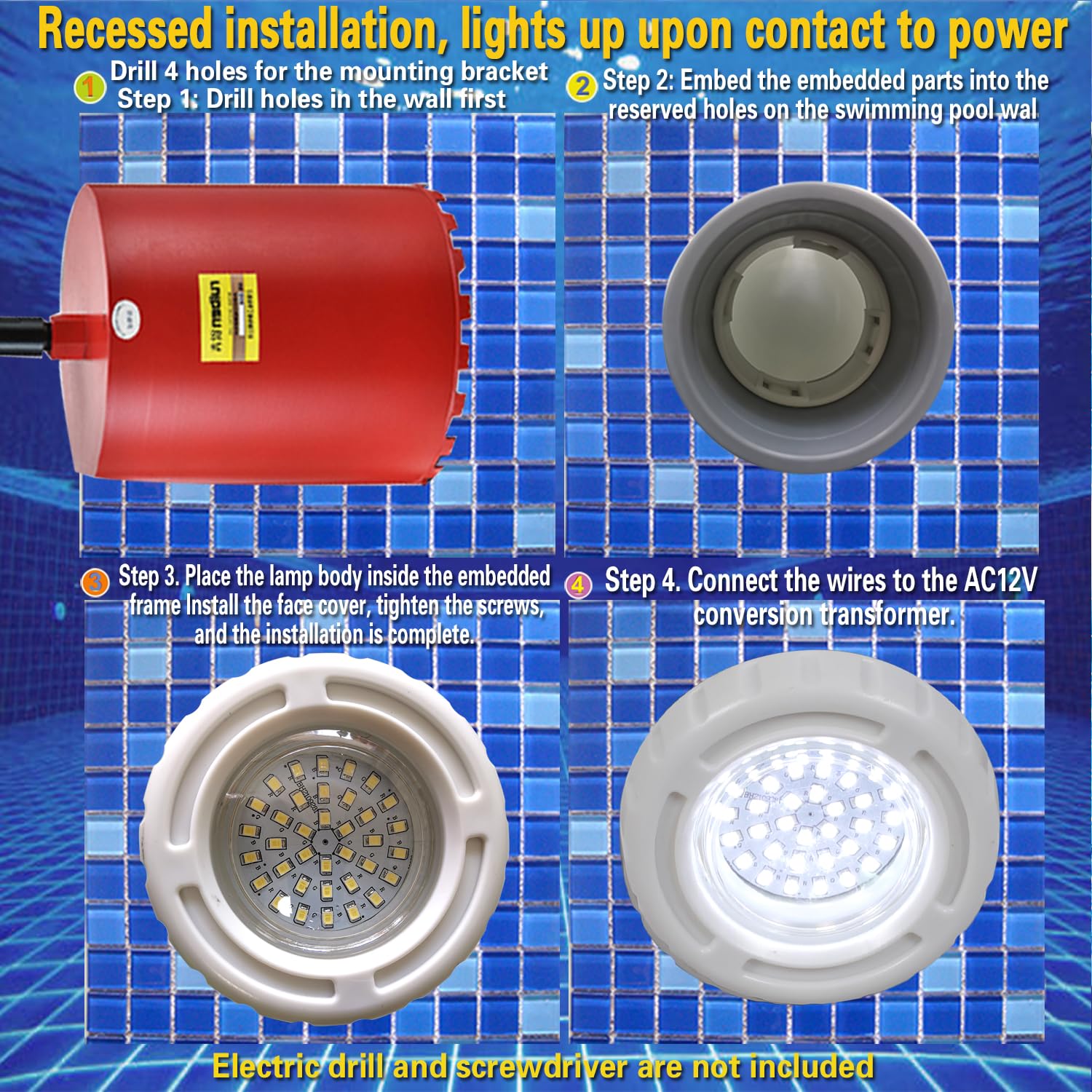 BARCELONA LED LED Poolleuchte 3W AC12V IP68 Unterwasserleuchte Ø94mm Kaltweiß 6500K SMD2835 LED Poollicht Aufbaumontage für Pool, Jacuzzi, Spa, Brunnen, Teich, Wasserdekoration