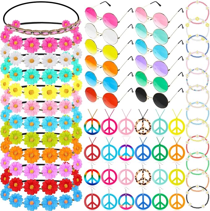 Batiyeer 72 Pcs Hippie Accessories 70s 60s Women Hippie