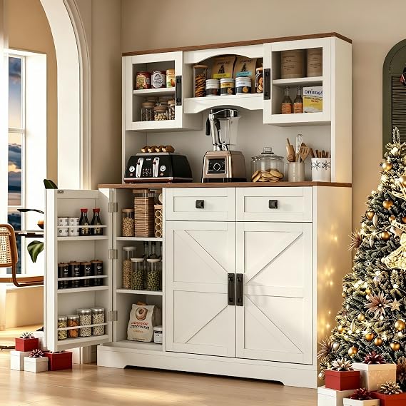 Loomie 60 Tall Farmhouse Pantry Cabinet, Kitchen Hutch with 2 Drawers, Kitchen Pantry Storage Cabinet with Adjustable Shelf and Microwave Stand, Food Pantry Cabinet for Living Room, Kitchen (White)