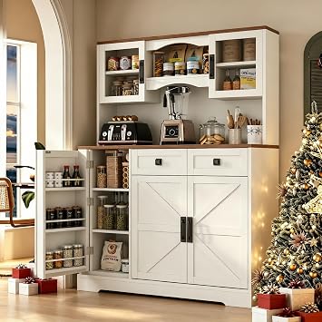 Loomie 60 Tall Farmhouse Pantry Cabinet, Kitchen Hutch with 2 Drawers, Kitchen Pantry Storage Cabinet with Adjustable Shelf and Microwave Stand, Food Pantry Cabinet for Living Room, Kitchen (White)