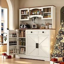 Loomie 60" Tall Farmhouse Pantry Cabinet, Kitchen Hutch with 2 Drawers, Kitchen Pantry Storage Cabinet with Adjustable Shelf and Microwave Stand, Food Pantry Cabinet for Living Room, Kitchen White