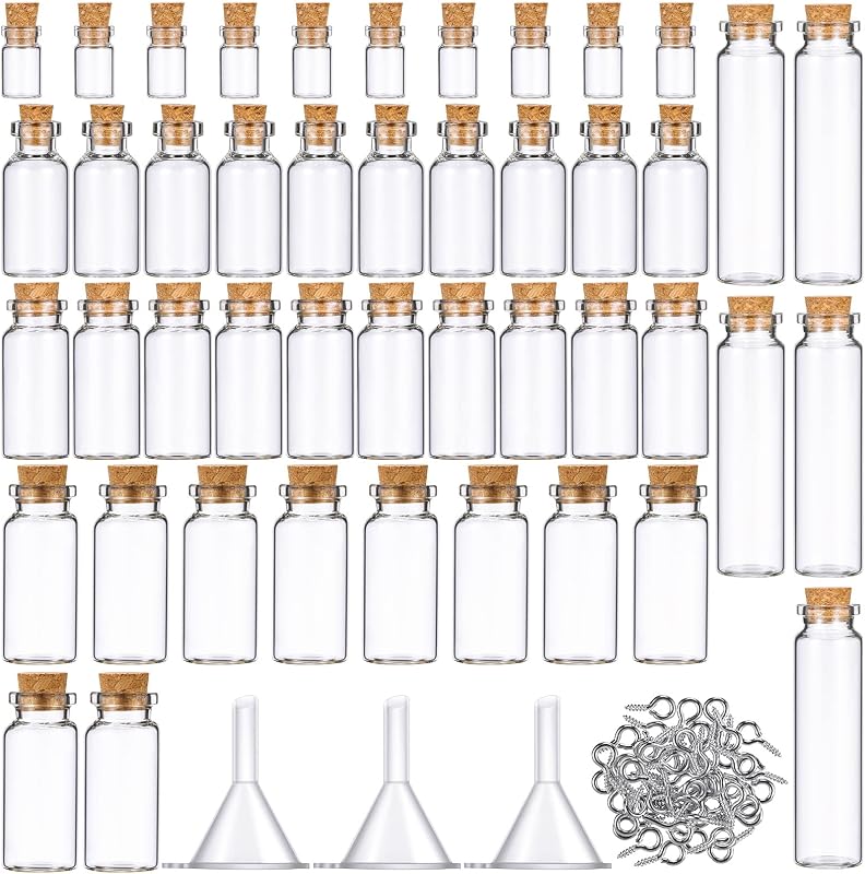 Sherli Frascos Pequenos de Vidro com Tampas de Cortiça para Artesanato, 0,5 mL, 2 mL, 5 mL, 10 mL e 20 mL, Pacote com 45