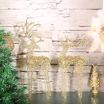 2pc Set White Bead Gold Winding Thread String Christmas Reindeer Figurine Table Desk Decorations Glittering Xmas Holiday Party Supply