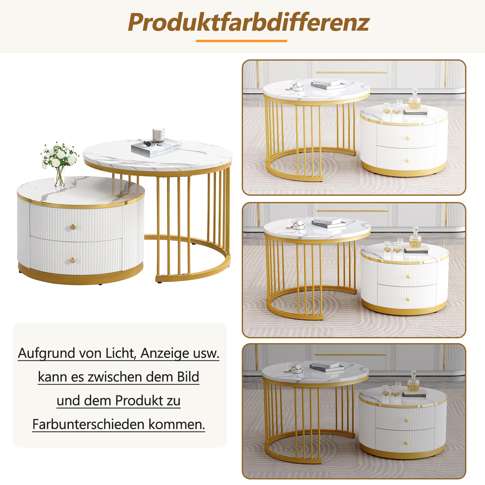 Soweiz Elegantes 2-teiliges, Weißes Couchtisch-Set in Nestform, Runde Tische mit Hochglänzender Marmoroptik, 2 Schubladen, bis 30kg Belastbar,Nesting-Kombination Couchtisch (Weiß+Gold)