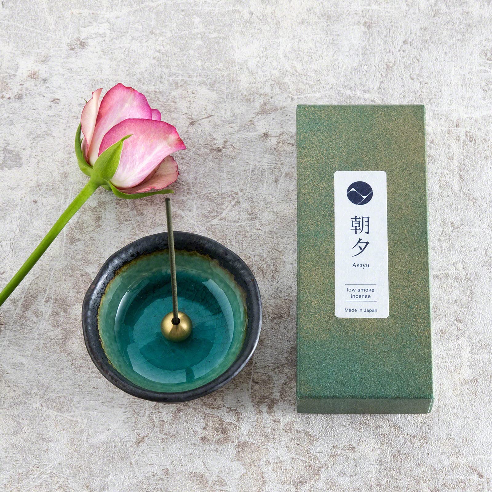 Asayu Japan Set Regalo Bastoncini di Incenso (Gelsomino + Rosa) + Portaincenso a Natura Aquamarina Gift Set, Realizzati in Giappone con materiali naturali