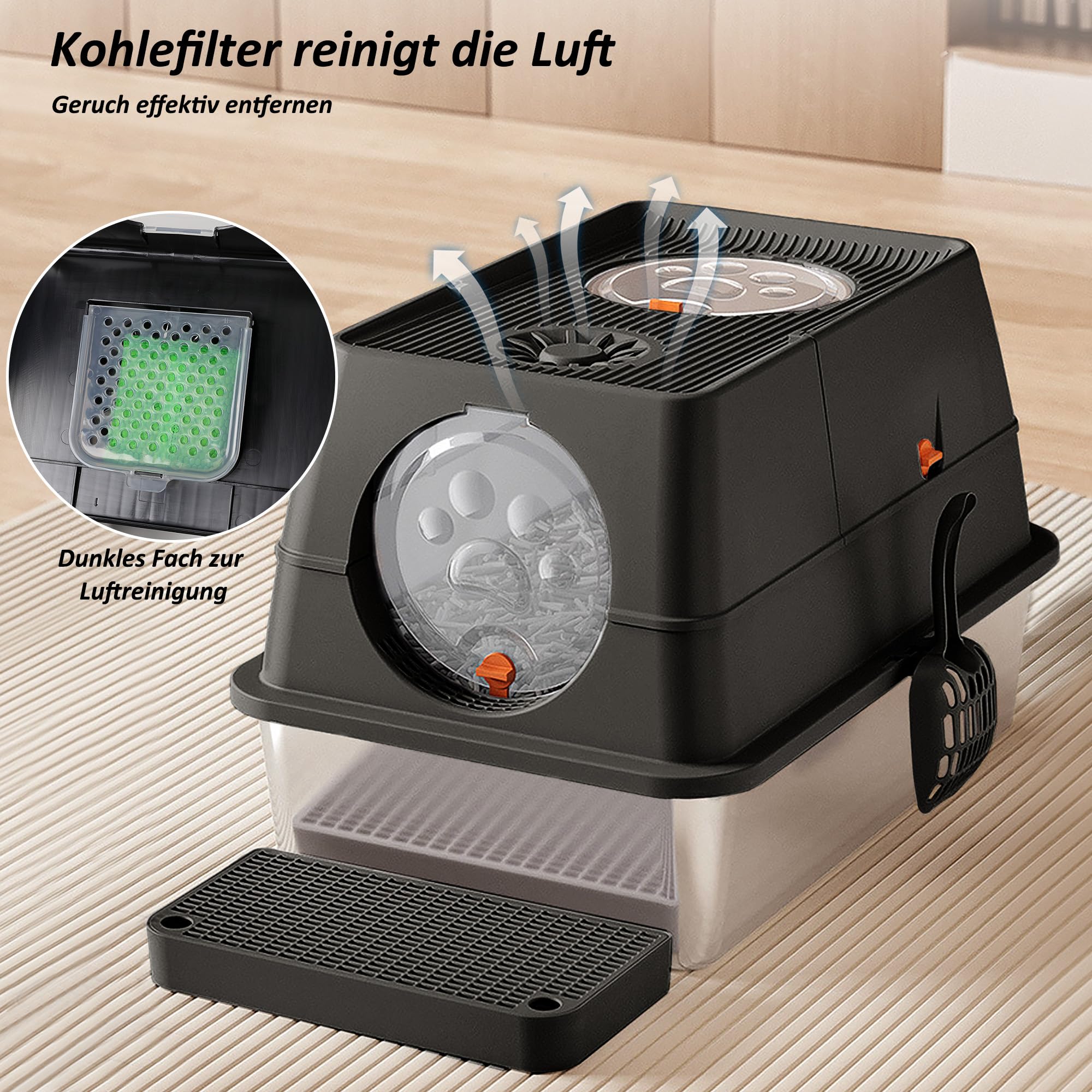 CALIYO Katzentoilette, Katzenklo Edelstahl mit Deckel, 3 in 1 Cat Litter Box, Katzenklo mit Schaufel & Pedal, Katzentoilette Geschlossen für Katzen bis 15 kg, Auslaufsichere (Schwarz,60 x 40 x 44 cm)