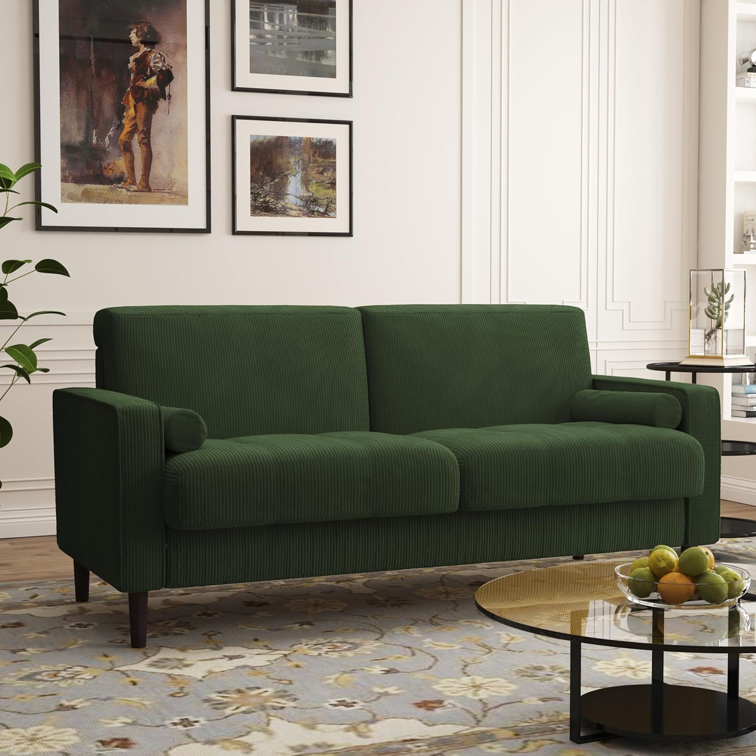 UIXE Loveseat Sofa, 63" Modern Love Seat Corduroy 2 Seater Couches w/Bolster Pillows for Living Room, Mid-Century Track Armrest Tufted Couch Comfy Solid Wood Furniture for Bedroom (Green)