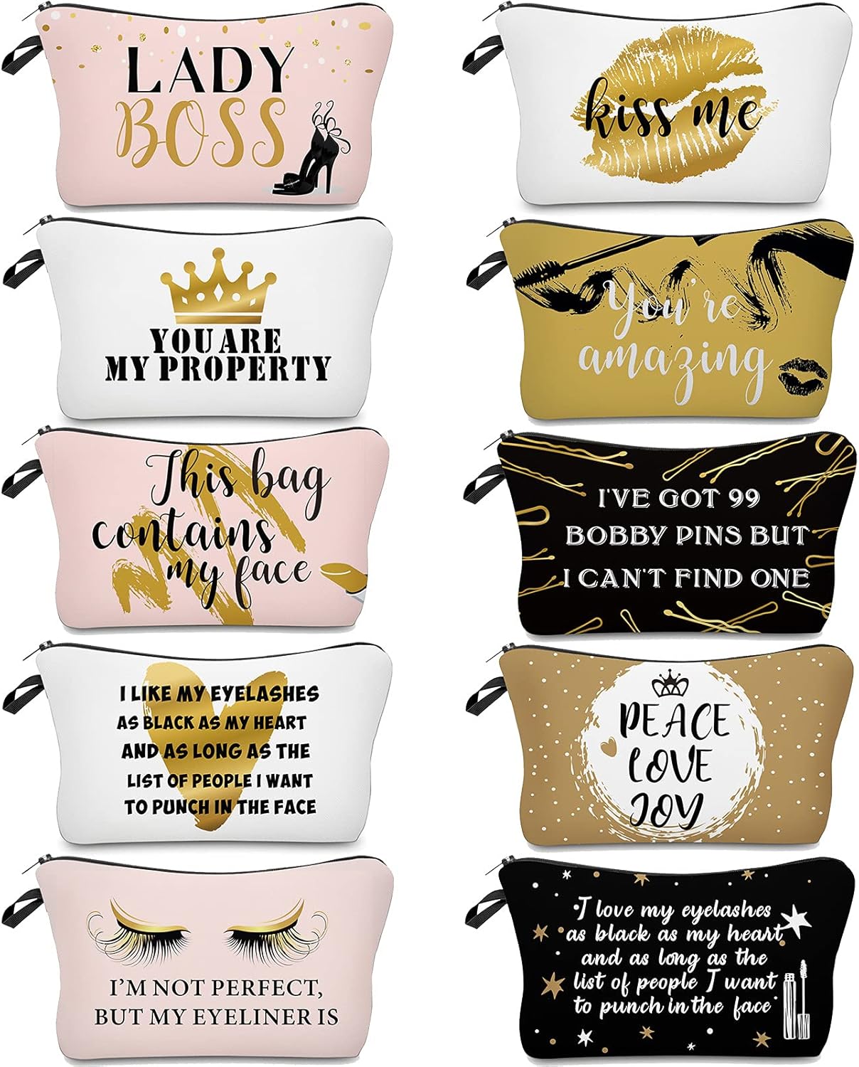 Boao 10 Pieces Letters Makeup Bags Bulk Cosmetic Pouch for Women Travel Zipper Organizer Toiletry Bag Printing Pencil Bag Christmas Supplies Gift(Gold and Pink Style)