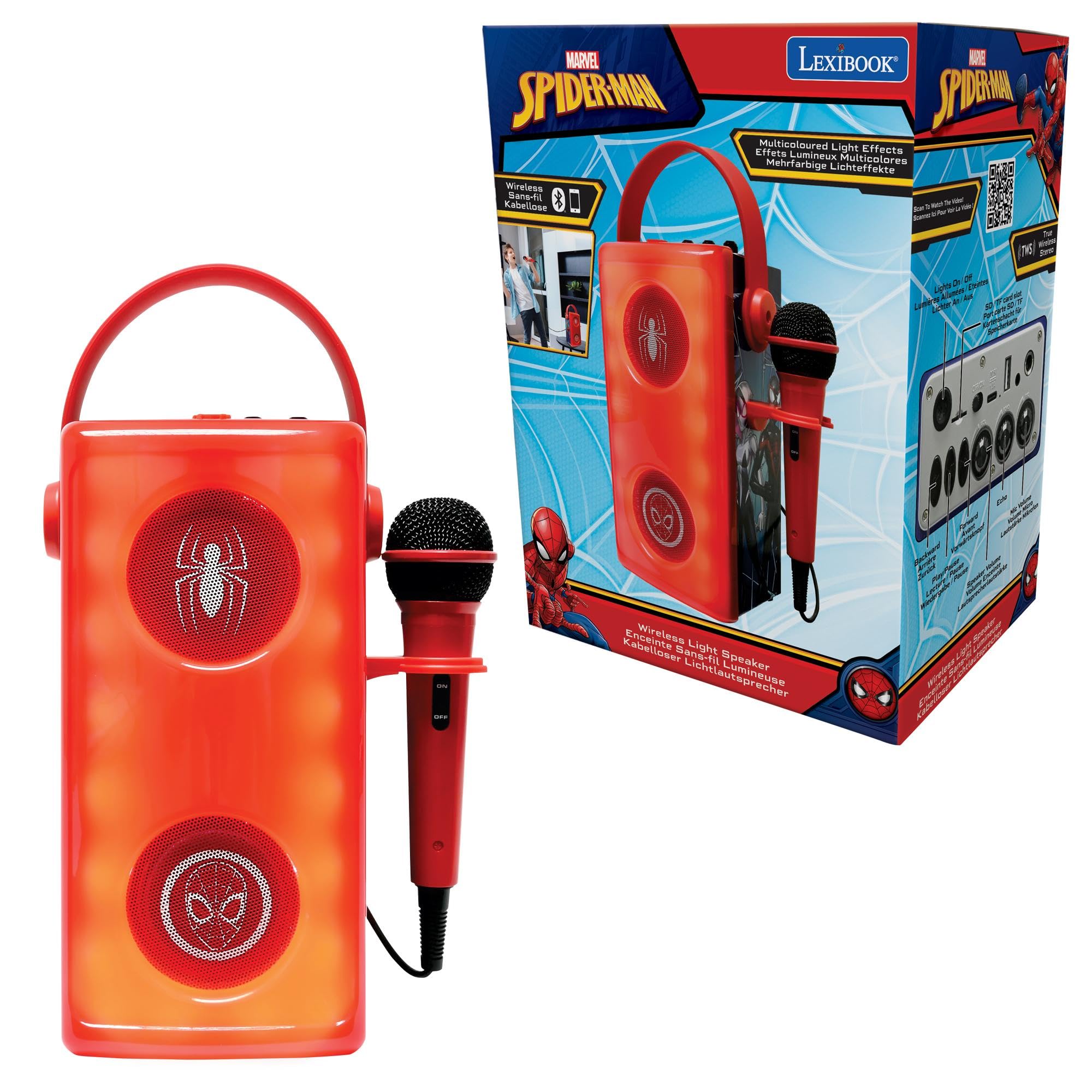 LEXIBOOK, Marvel Spider-Man, Luminous Wireless Bluetooth® Speaker with Microphone, Multi-colored Light Effects, SD/TF Card Slot, Rechargeable Battery, Red, BTP185SPZLXB