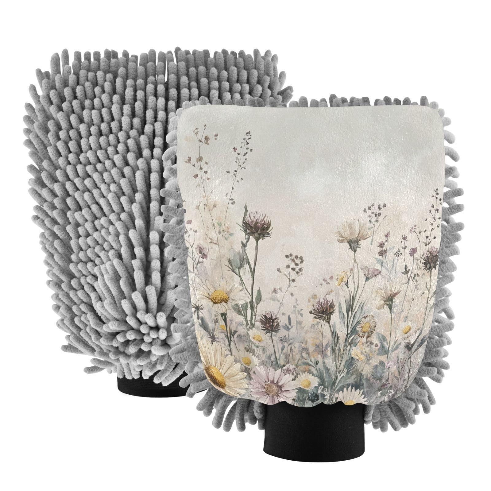 Flradish 2 Pack Watercolor Wildflowers Car Wash Mitt Chenille Microfiber Lint-Free Scratch Free Ultra-Soft Absorbent Car Wash Mitt 11.8x8.07 Inch