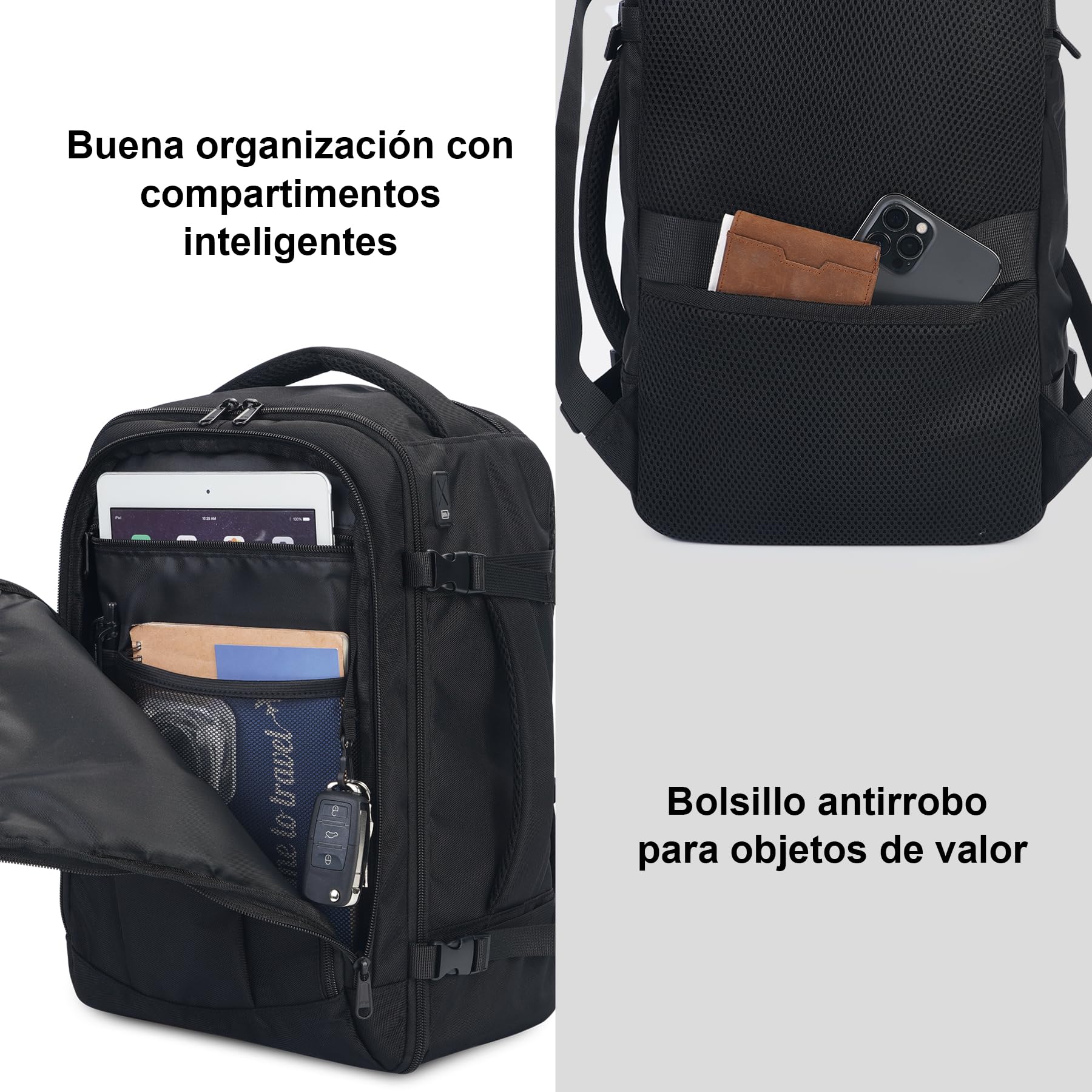 ECOHUB Mochila de Viaje Cabina Avion 40x20x25 Ryanair Con 13 Compartimentos Para Mujer y Hombre, Maleta Debajo del Asiento, Equipaje de Mano 40x30x20 20L, Recicladas, Patentado, Negro