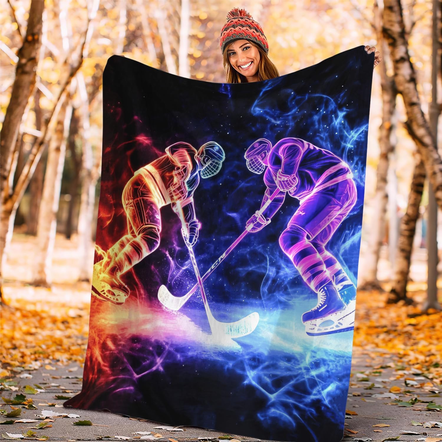 Yibuda Neon Hockey Player Blanket Ice Hockey Flannel Plush Throw Blanket Cozy Sports Fans Decor Fleece Stuff Blanket Gifts for Lover Girls Boys Kids Adults Women Bed Travel 60"x80"