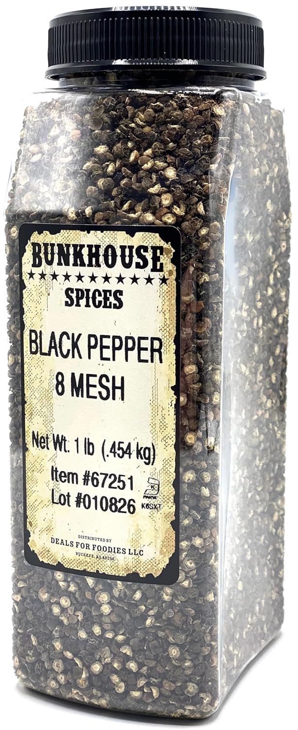 BUNKHOUSE Butcher Style Black Pepper 16 Oz - Coarse 8 Mesh Cracked Peppercorn for Grinder Refill, Roasts, Rubs, and More