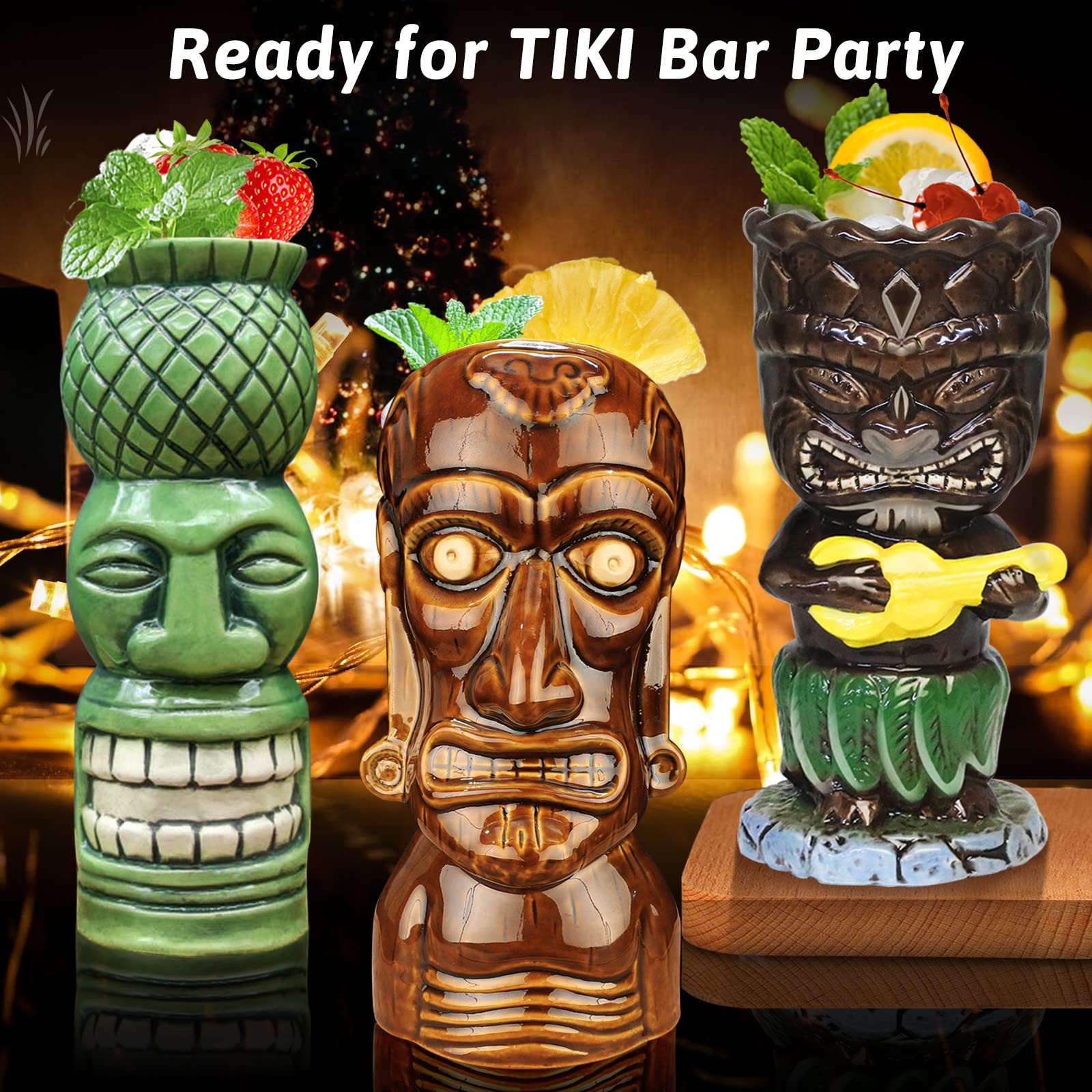 SuproBarware Tiki-Becher-Set, 8-teiliges Cocktailgläser-Set Bunte Keramik-Cocktailbecher Hawaiianische Party-Dekoration für exotische Partys