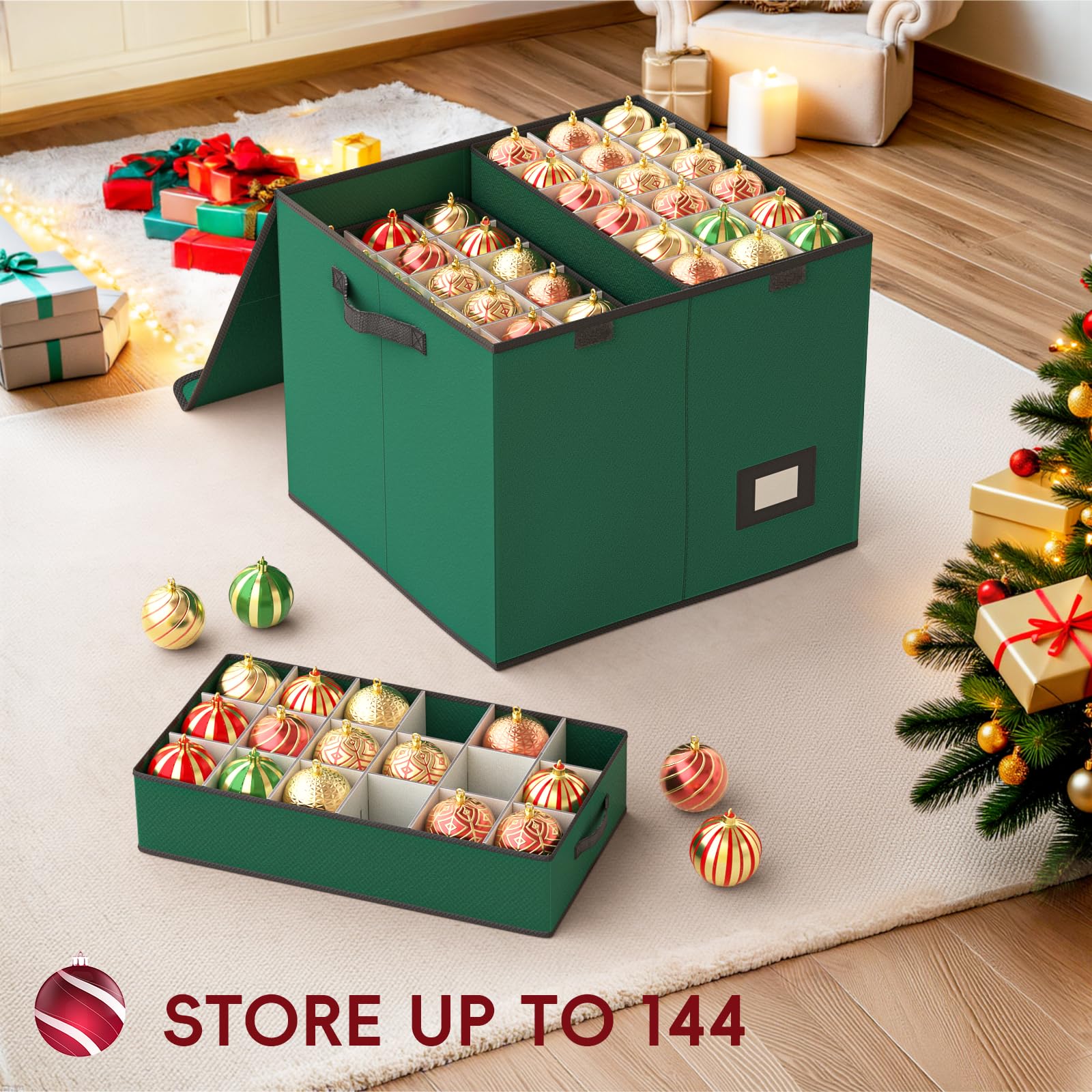 Mutool Scatola portaoggetti per palline di Natale con divisori, 144 scomparti, contenitore per ornamenti natalizi con 8 vassoi, grande contenitore natalizio con coperchio ribaltabile, perfetto per