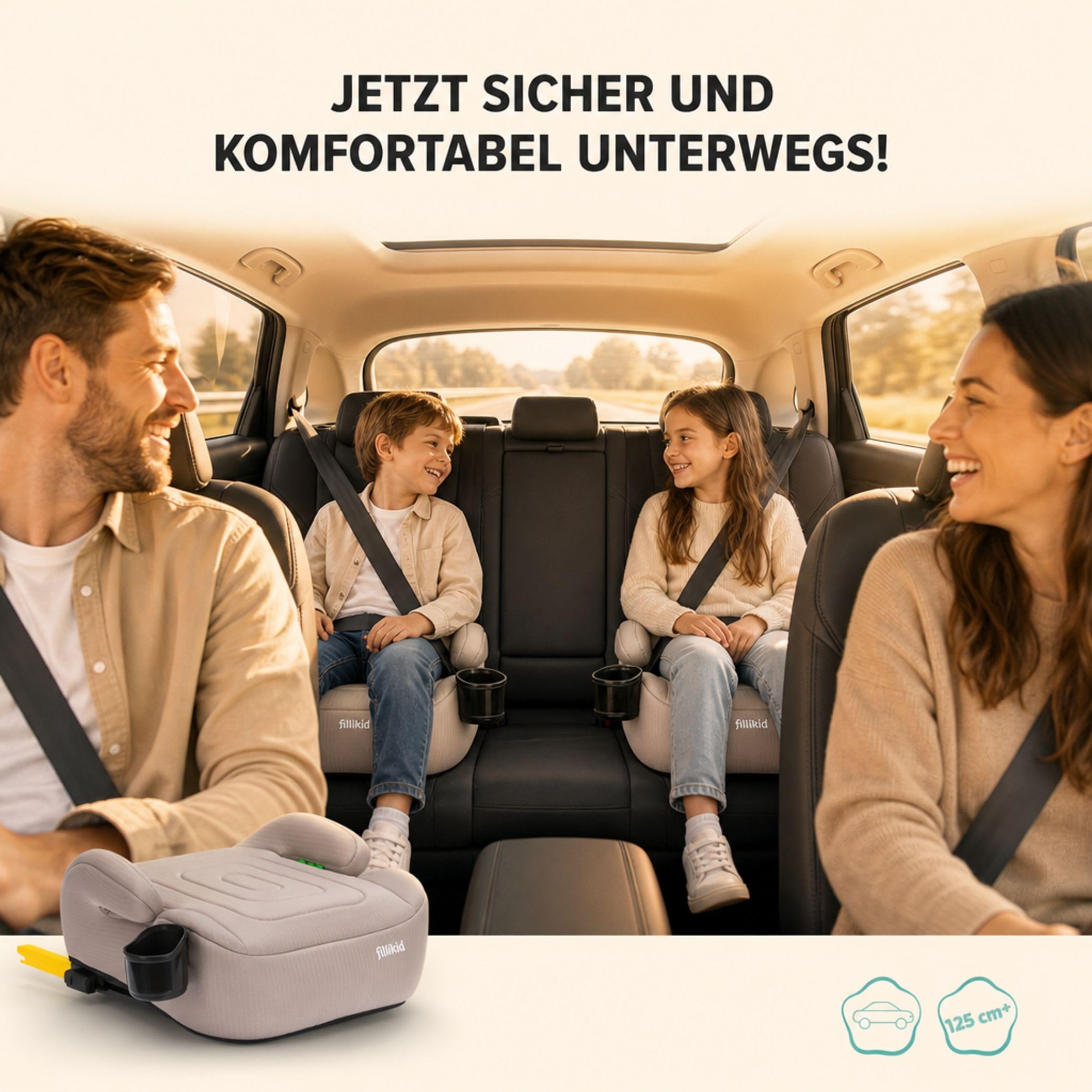 Fillikid Kindersitzerhöhung ohne Isofix, Autositzkissen für Kinder 125-150 cm 22-36 kg 6-12 Jahre