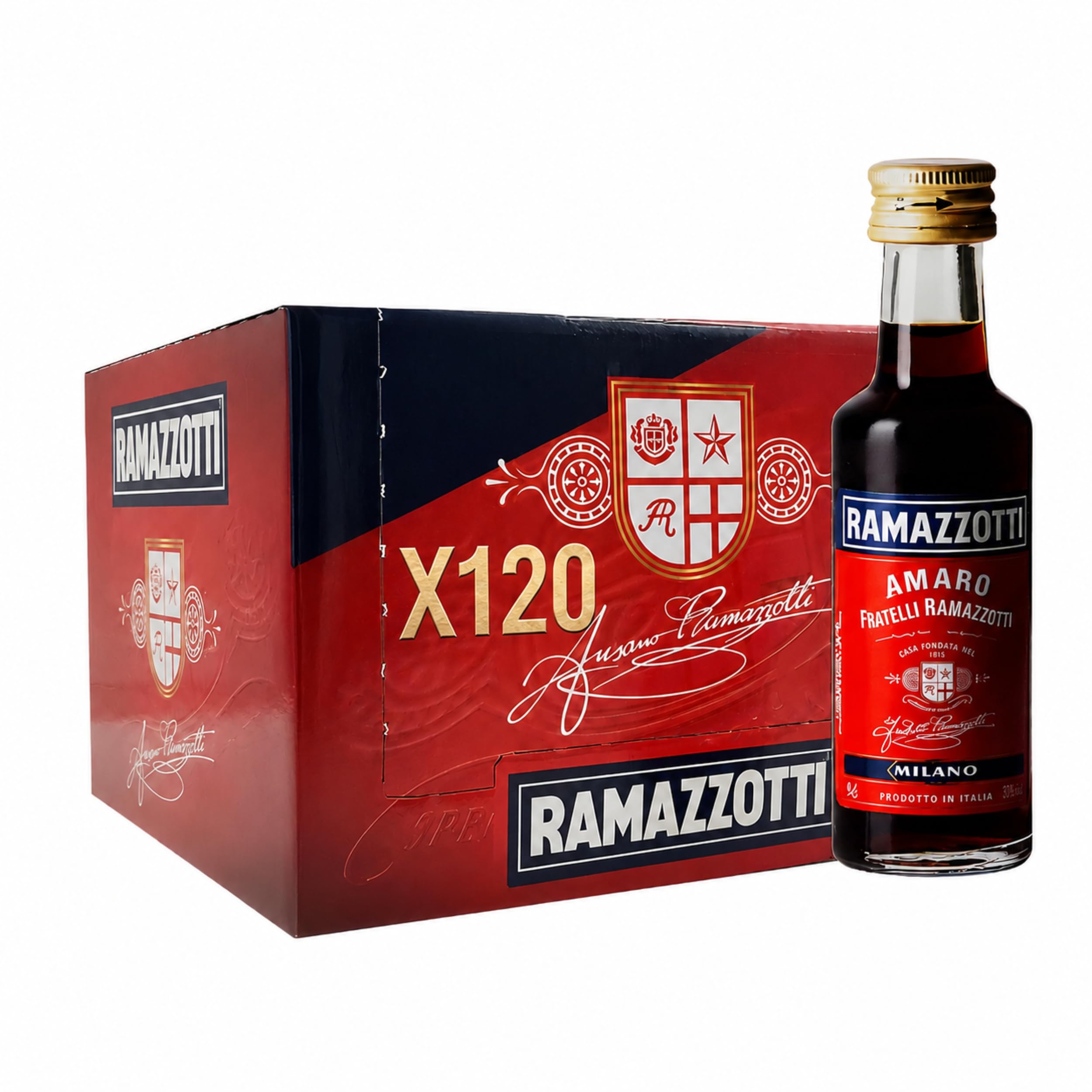 Amaro Ramazzotti Mignon 3cl x 120 - Liquore Amaro Italiano Originale Ausano Ramazzotti - Mini Bottiglia - Prodotto in Italia - Confezione da 120 bottigliette - 30% Vol