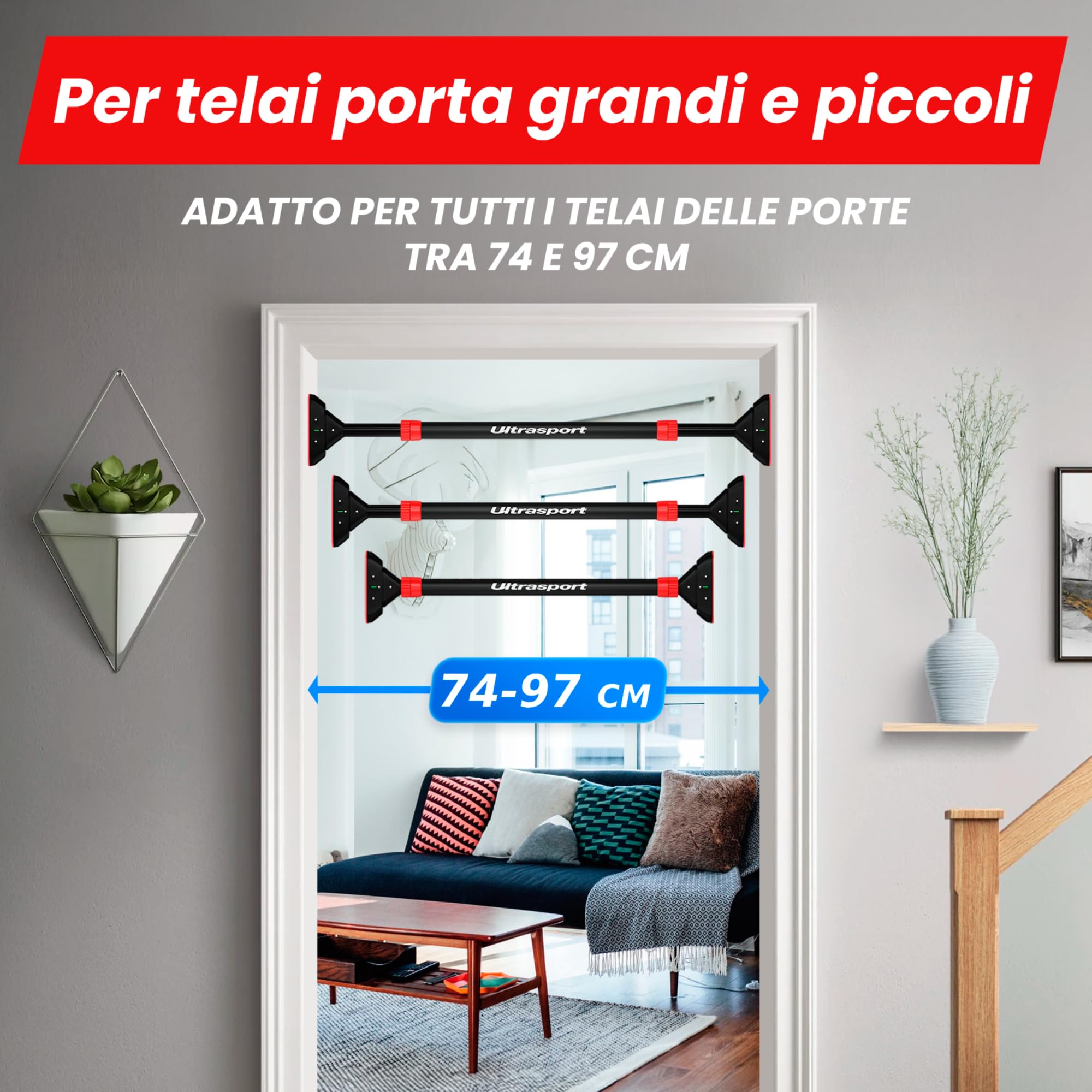 Ultrasport Barra per trazioni, barra per porta, regolabile da 66,5 cm a 93 cm, senza viti, antiscivolo, presa sicura, maniglie in schiuma