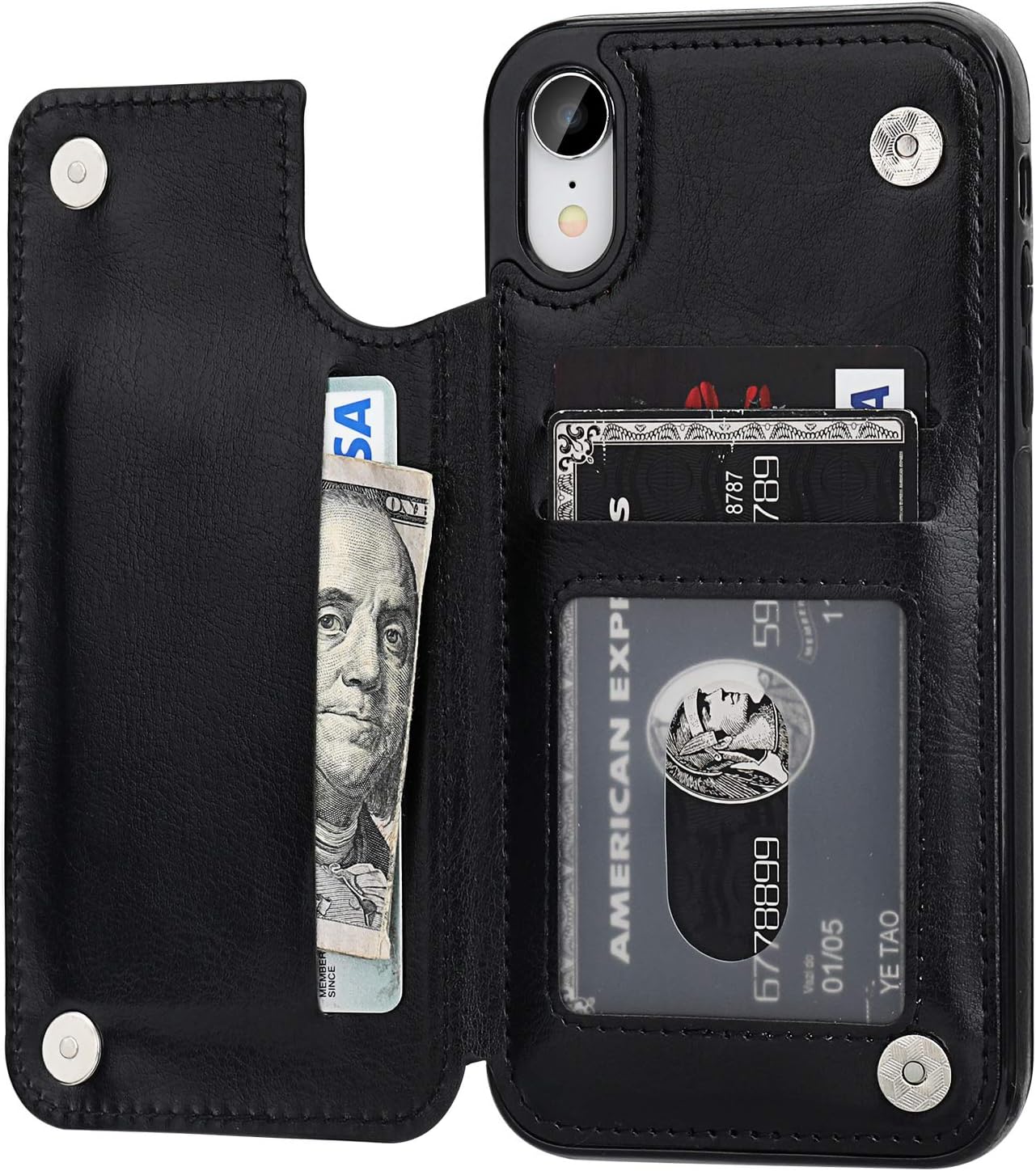 iPhone XR Wallet Case with Card Holder, Premium PU Leather Kickstand Card Slots Case,Double Magnetic Clasp and Durable Shockproof Cover for iPhone XR 6.1 Inch(Black)