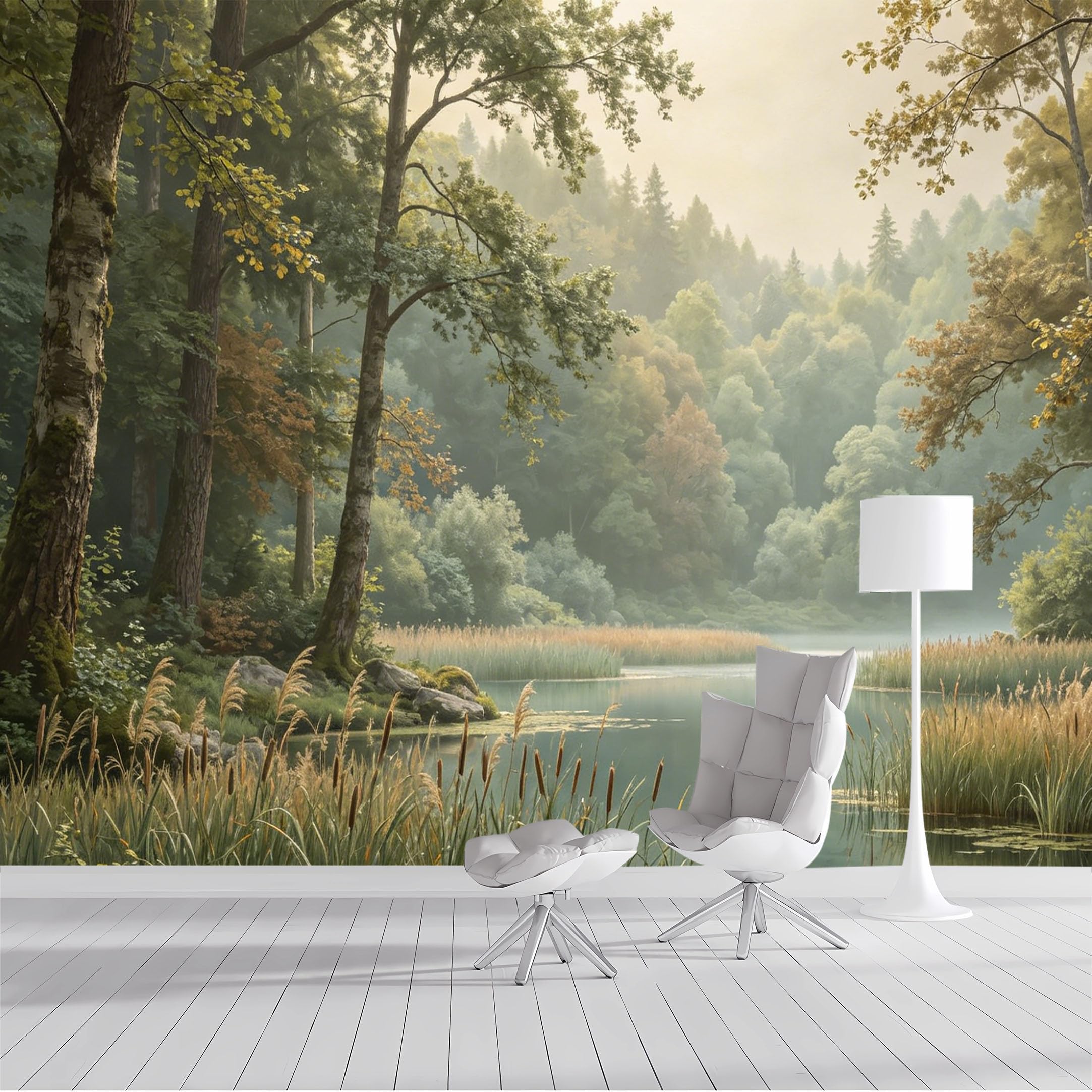 Custom Size Wall Mural Serene Forest Lake Landscape Morning Mist Nature Scenery Realistic Style SelfAdhesive Wall Fabric Removable Peel and Stick Wallpaper for Living Room Bedroom