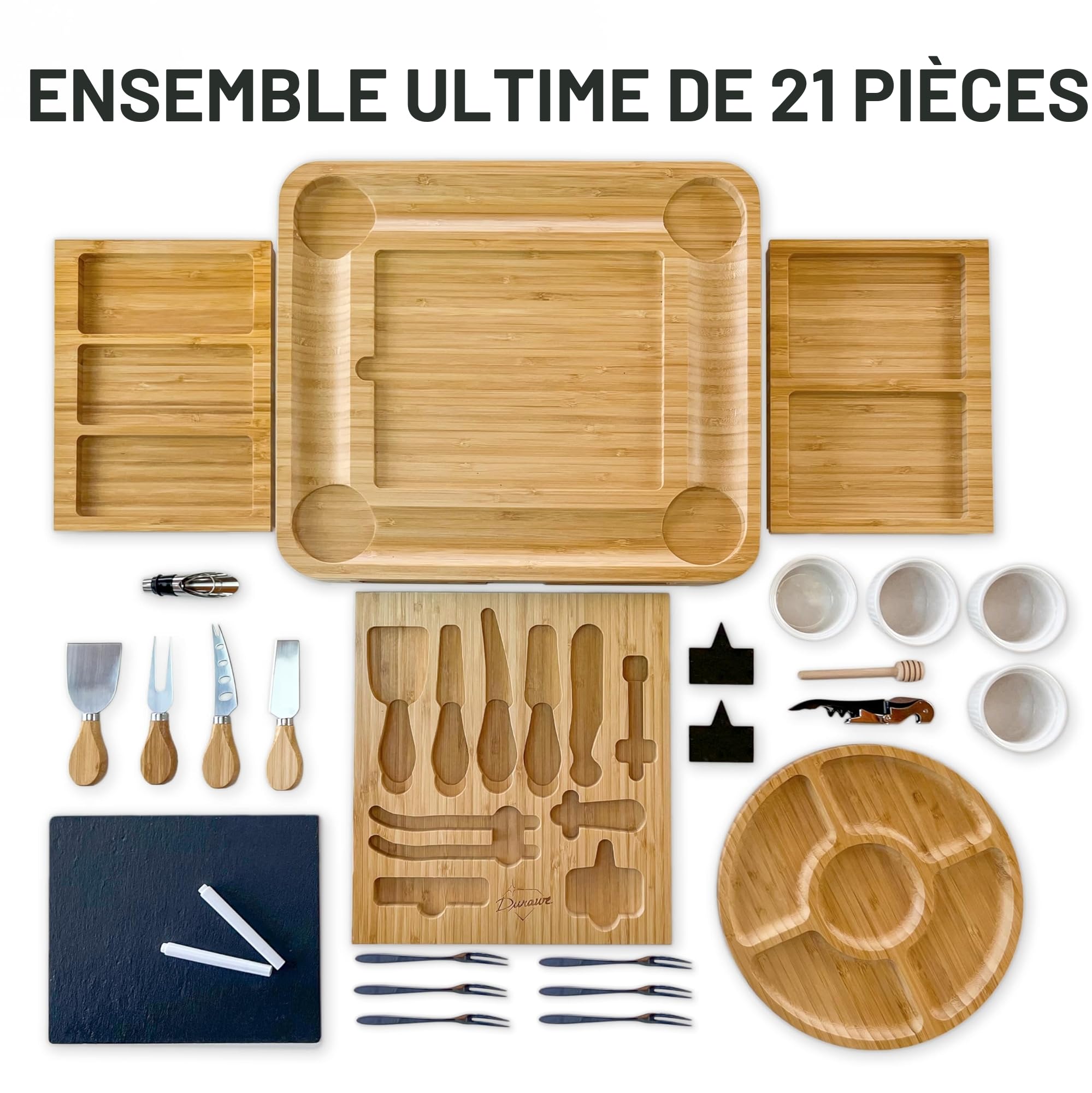 Plateau à Fromage en Bambou, Set de Couteaux, Bols en Céramique et Ouvre-vin - Plateau Charcuterie Bois, Choix Parfait pour Gourmets, Cadeaux d'anniversaire, Cadeaux de Noël pour Femmes, Très Grand
