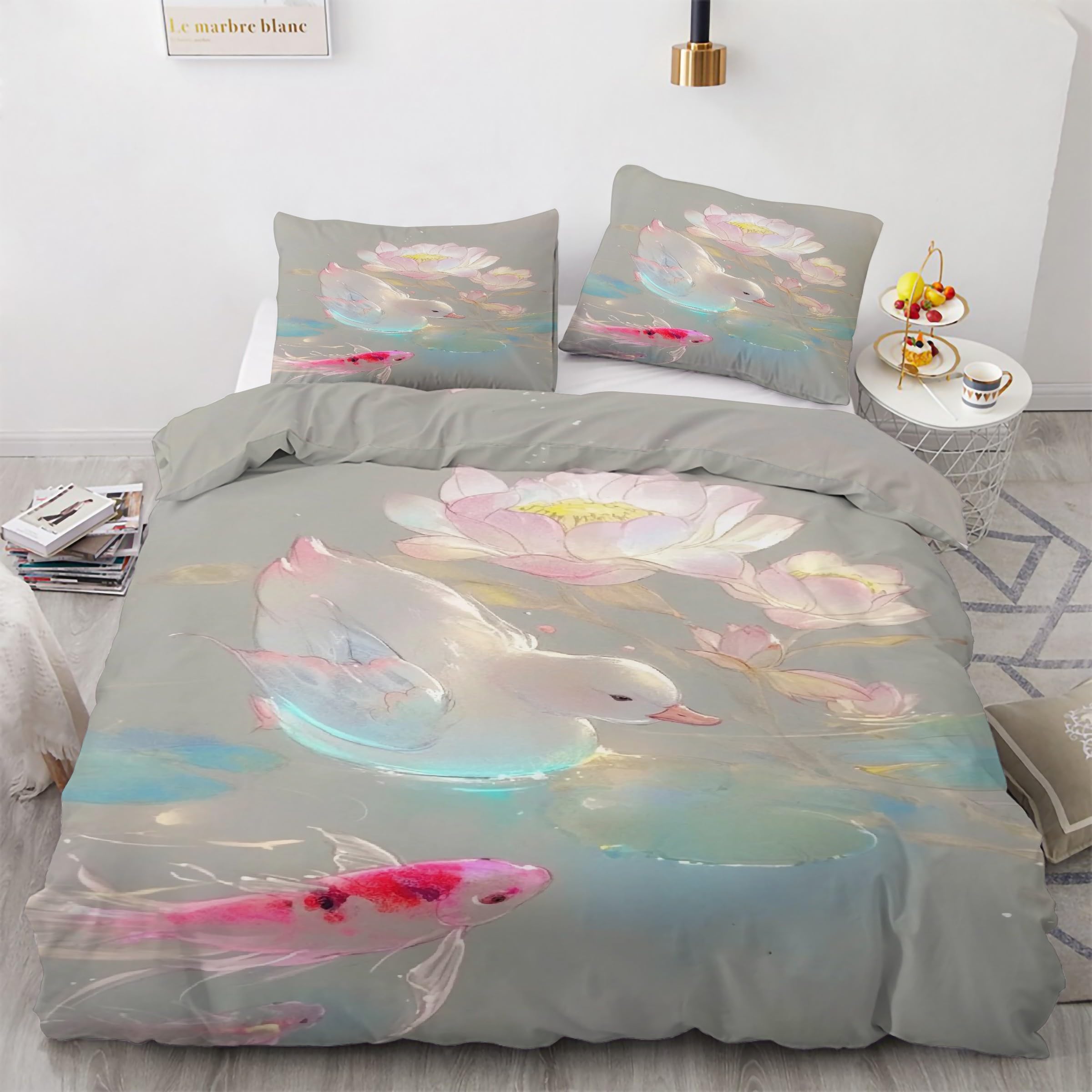 Housse de Couette 200x200 Canard et Carpe pour une Chambre Ambiance Nature