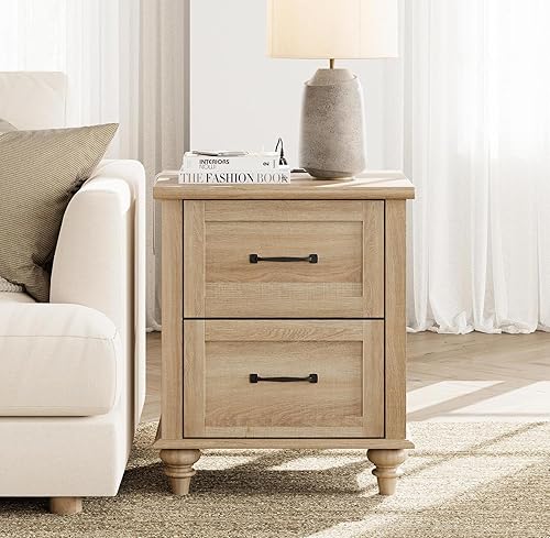 Miniatura 1 de WAMPAT Mesita de noche con estación de carga, mesa auxiliar de granja para sala de estar con 2 cajones, mesita de noche de madera natural para