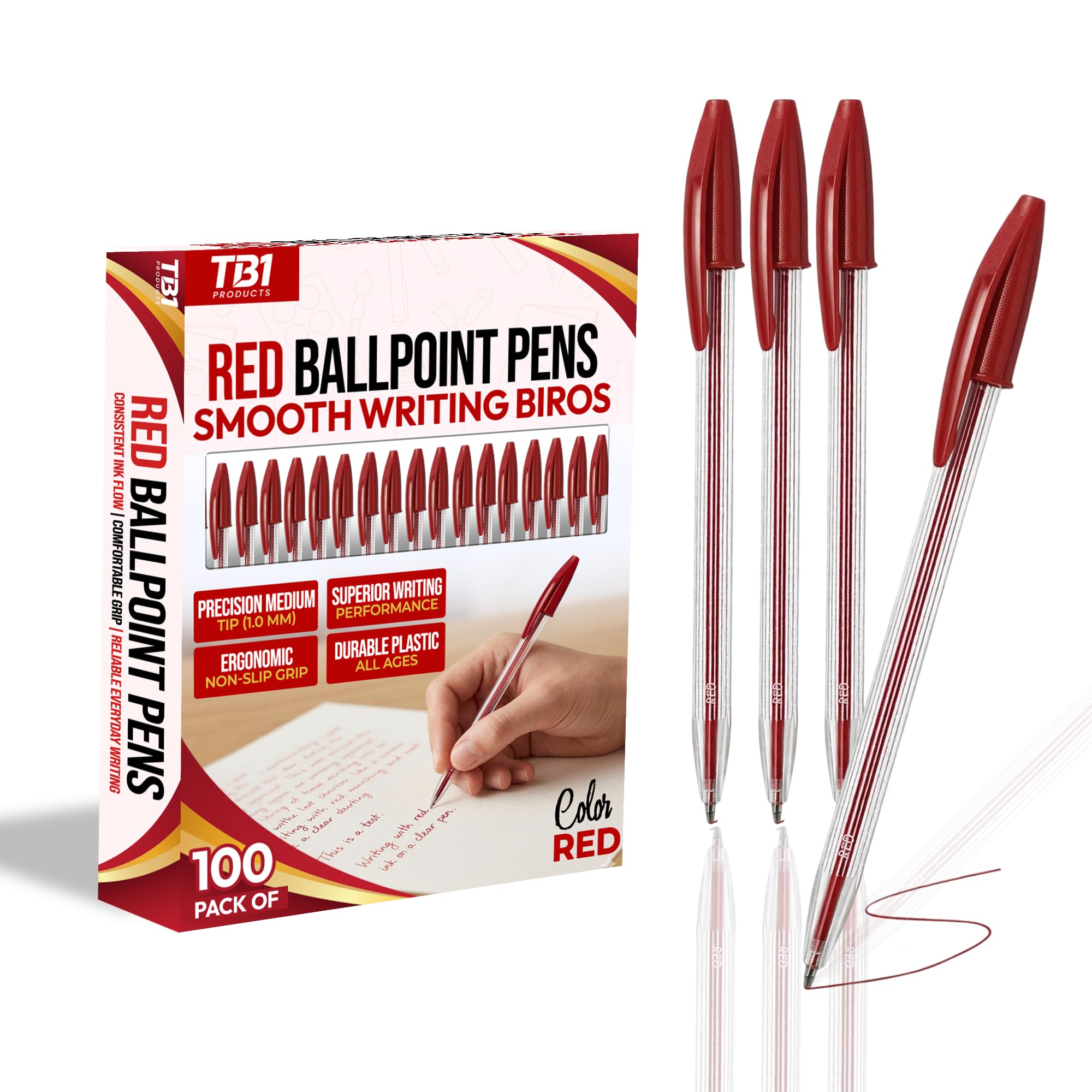 TB1 Products 100 Red Ballpoint Pens – 2 Pack x 50 Smooth Ink Biro Pens for School, Office and Home Use – Medium Tip Writing Pens Bulk Stationery Set