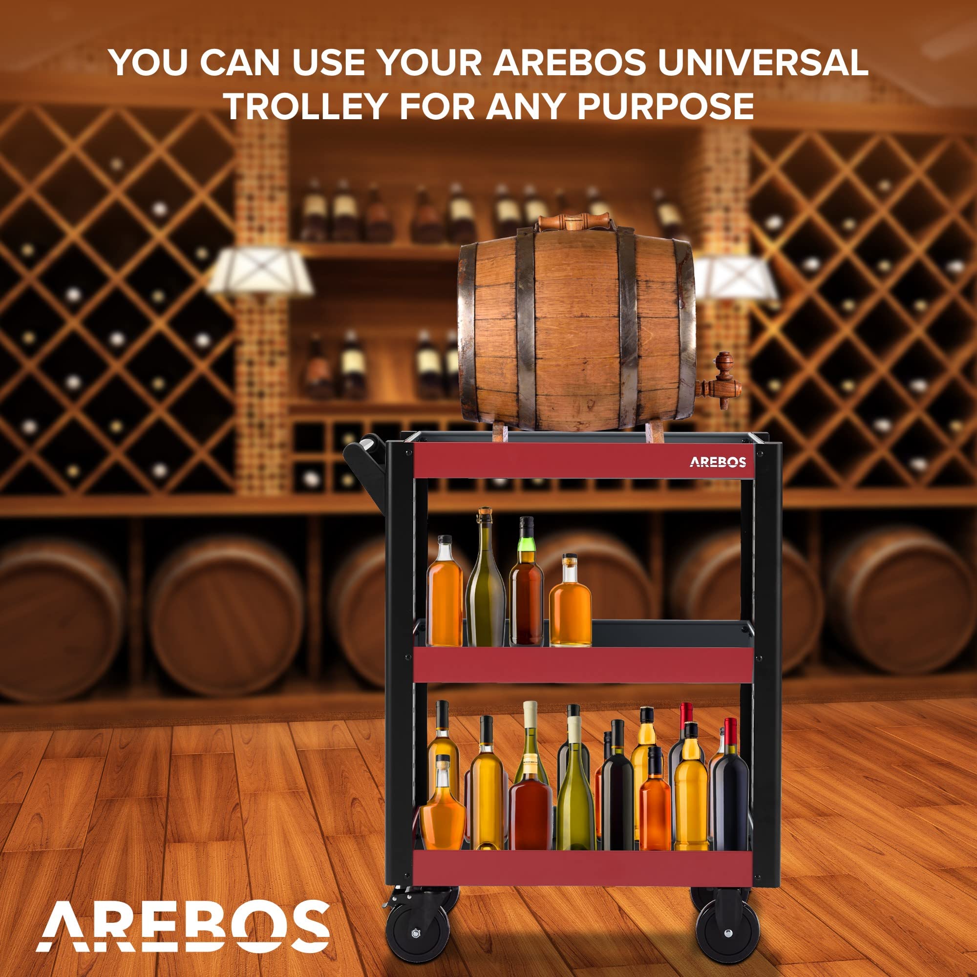 Arebos Chariot de Service Multifonctions | 3 Compartiments | Atelier, Outils, Transport et Stockage | Plateaux Multi-usages