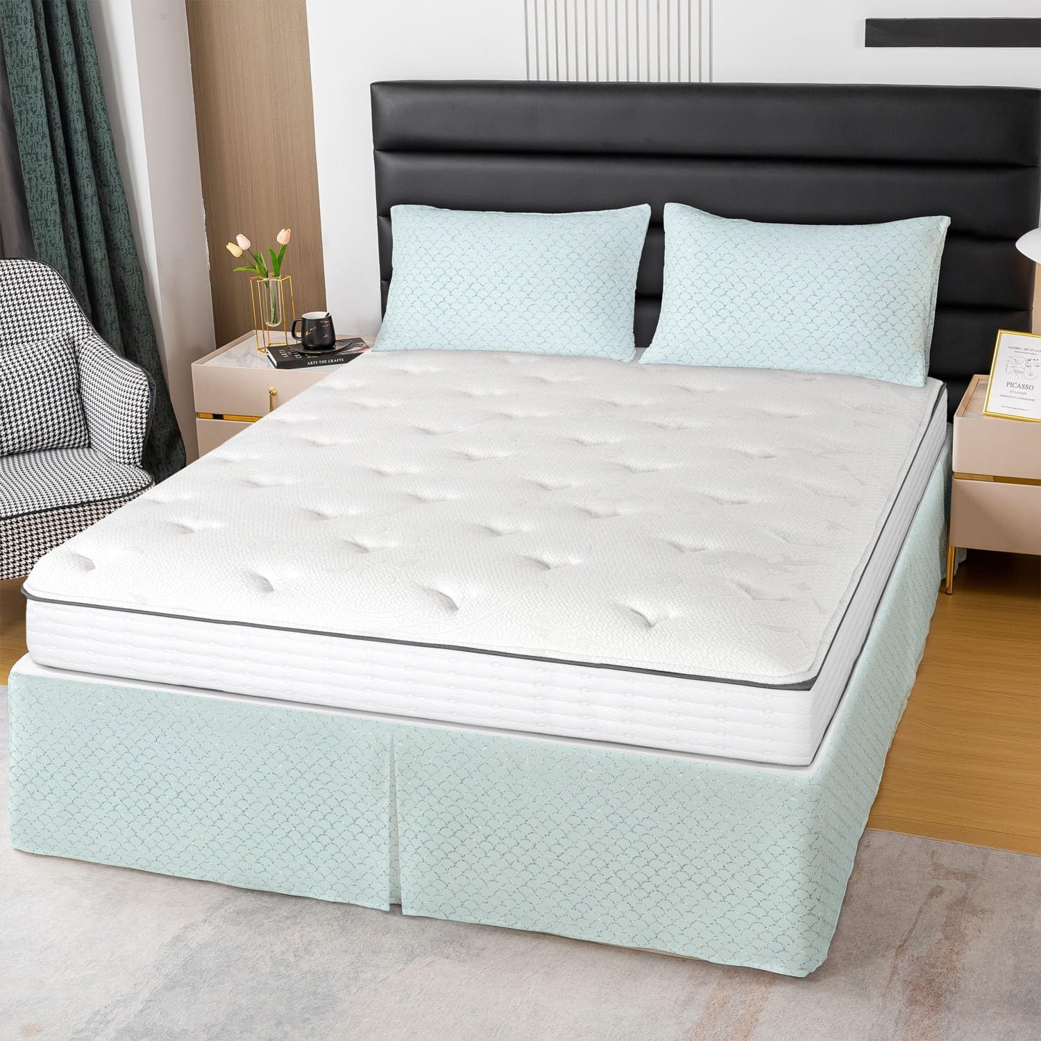 Mermaid Scales King Size Bed Skirt,Glitter 15 Inch Drop Brushed Microfiber Bed Skirts for Kids Room,Light Green Dust Ruffle Pleated Bedskirt Teens Fresh Style Bedding Fitted Sheet Decor