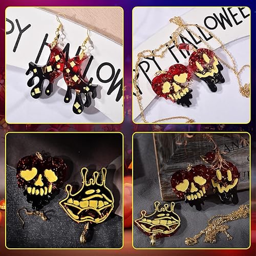 Miniatura 3 de Voyyphixa Kit de 144 moldes de resina para aretes de Halloween, diseño de calavera y luna, moldes de silicona con ganchos para aretes, anillos de