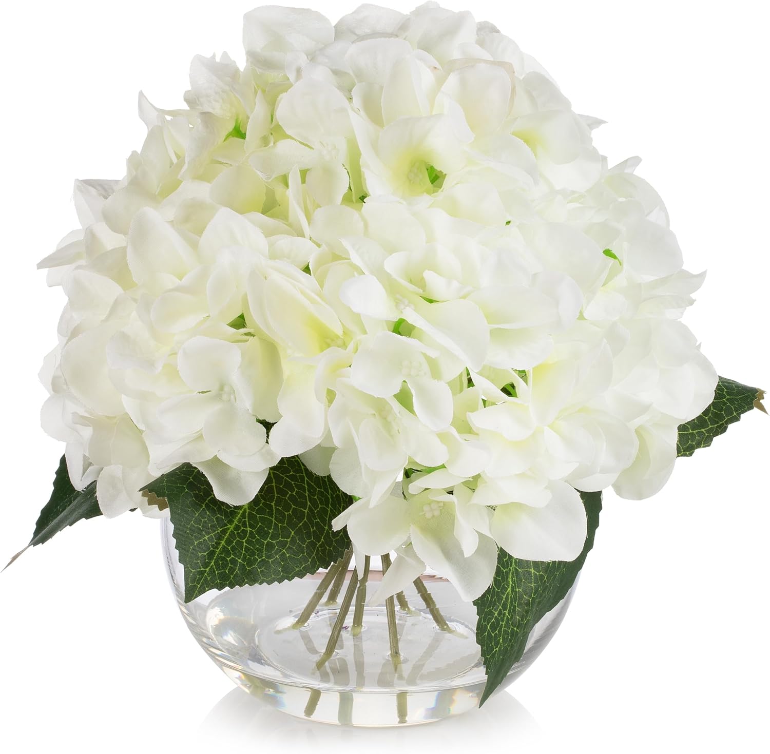 ENOVA FLORAL Silk Hydrangea Artificial Flowers in Ball Vase with Faux Water, Silk