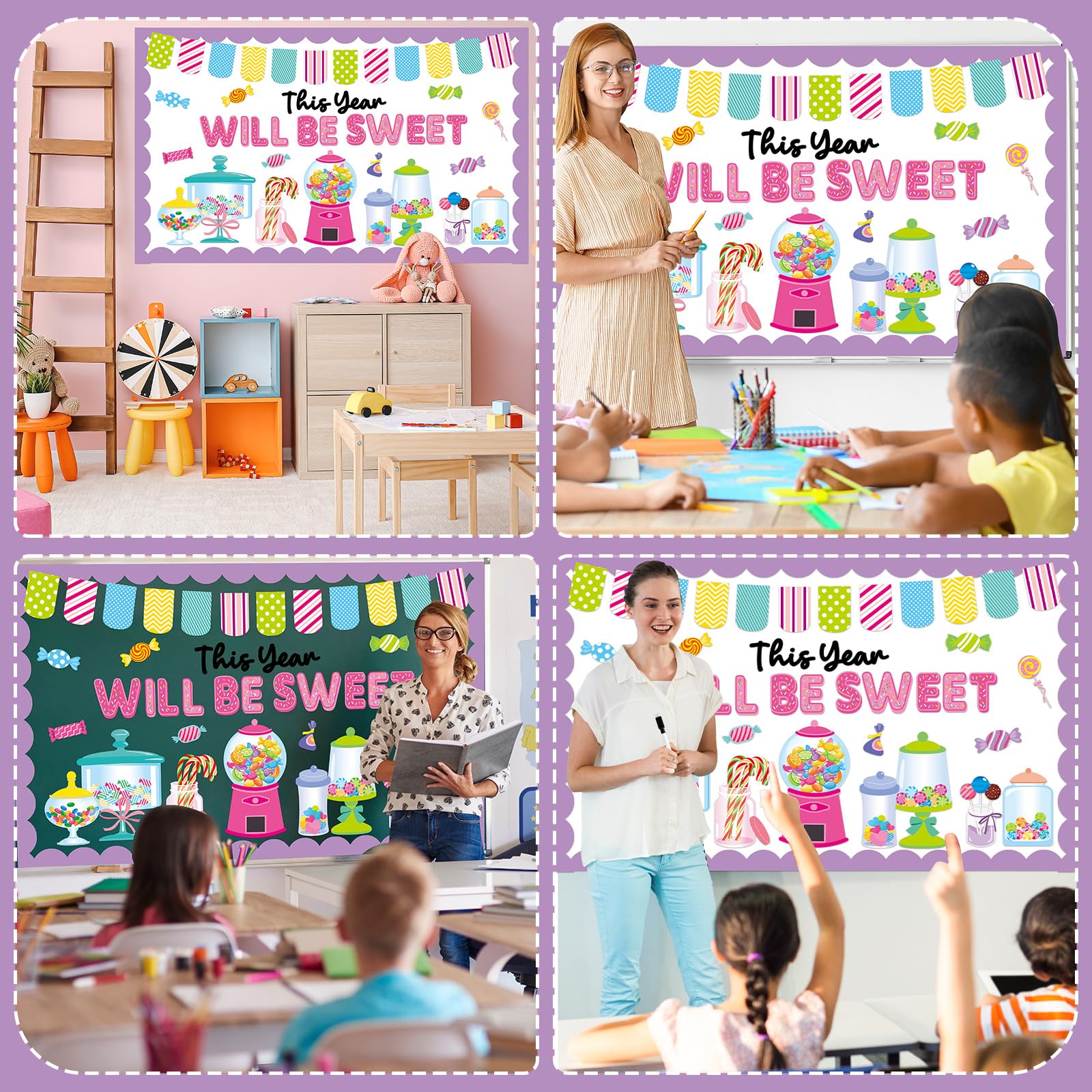 QOUBAI Juego de tablón de anuncios de caramelos, decoración de tablón de anuncios para aula, máquina de chicles, recortes de papel para bienvenida de regreso a clases, decoración de puerta de pared