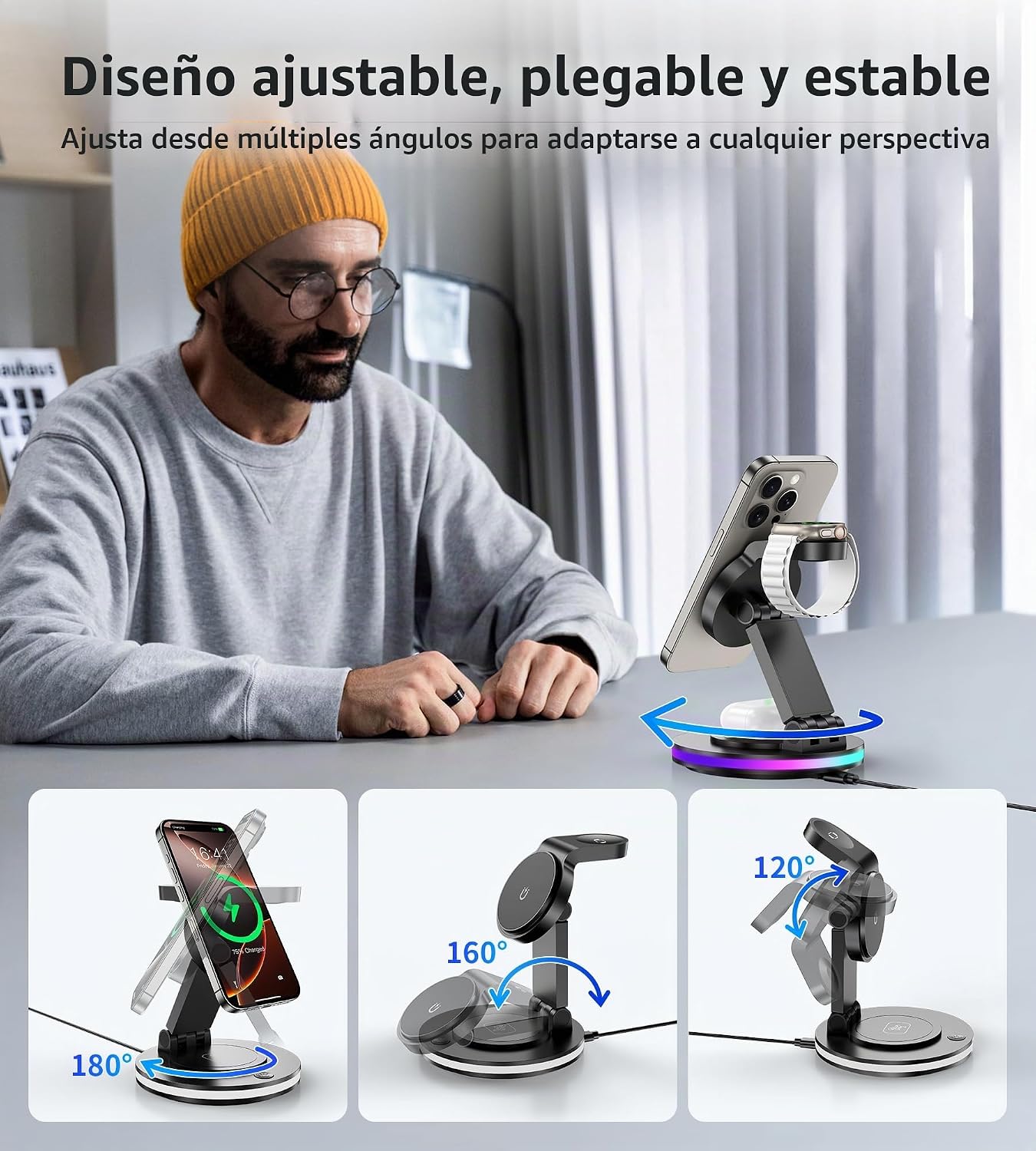 Cargador mag Safe, Estación de Carga 3 en 1 para Apple Watch y iPhone, Plegable, Giratorio con Ajuste de Luz, Cargador Inalámbrico Soporte de Carga para iPhone 16/15/14, AirPods (Sin Adaptador)-Negro 3