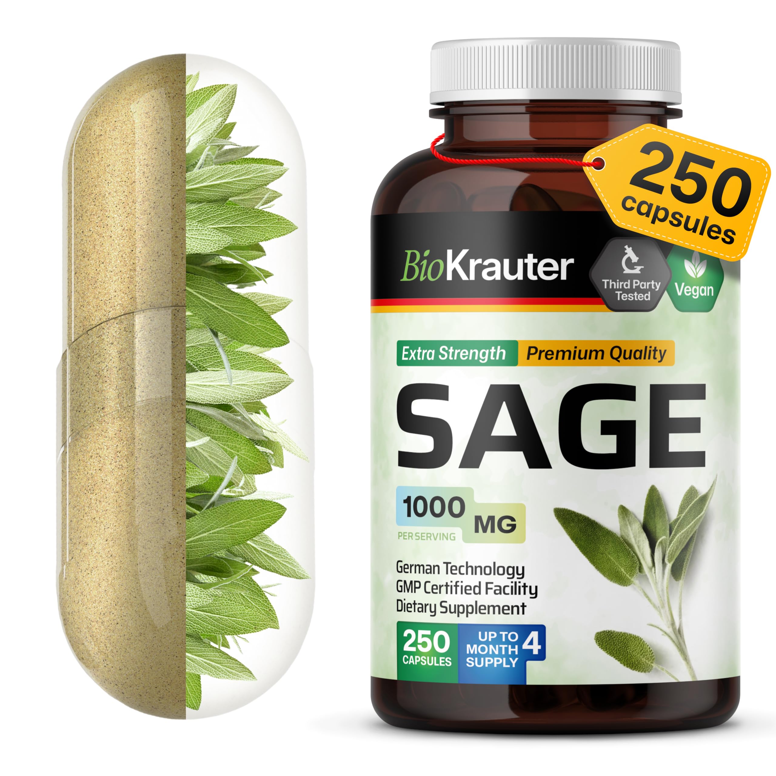 BIO KRAUTER Sage Capsules, 500 mg, Organic Sage Leaf (Salvia officinalis) (100 capsules)