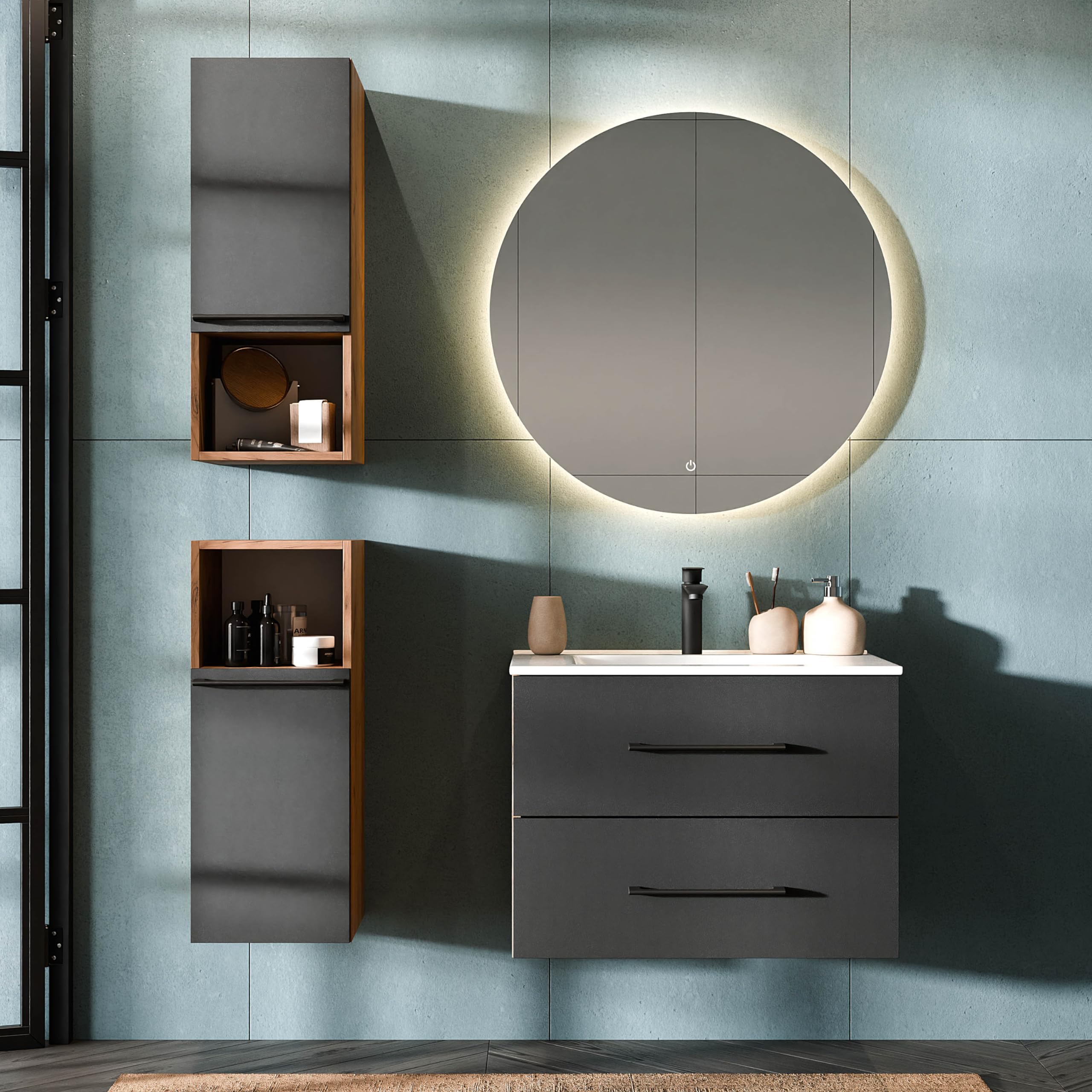 Planetmöbel LUX Badmöbel Set Waschtisch mit Waschbecken 70 cm, Keramik Waschbecken mit Unterschrank, 2X Midischrank 75 cm, Gold Eiche/Anthrazit