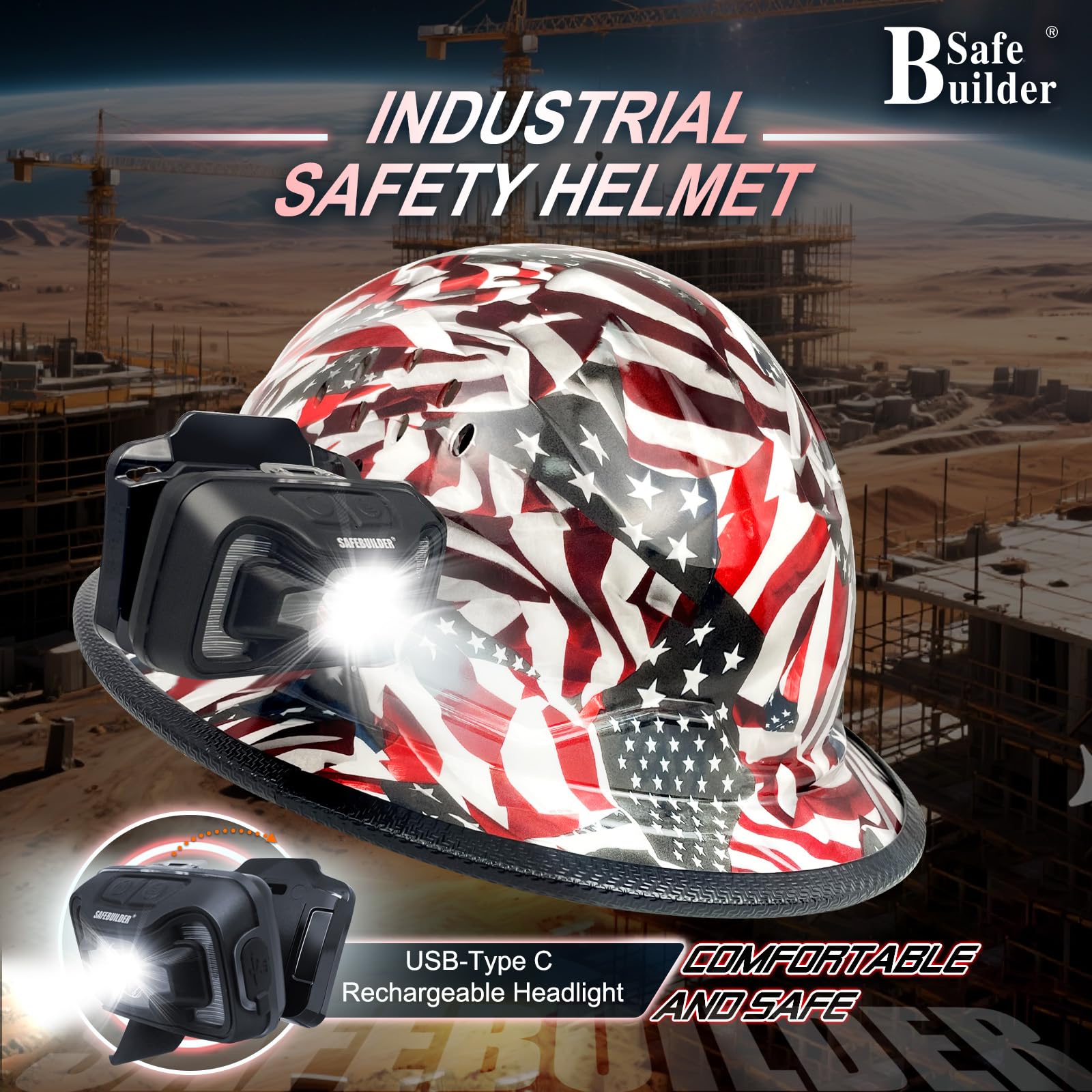 SAFEBUILDER Cascos duros de ala completa con lámpara recargable, casco de seguridad con faro, suspensión de 6 puntos, construcción ventilada, trabajo al aire libre, aprobado por ANSI