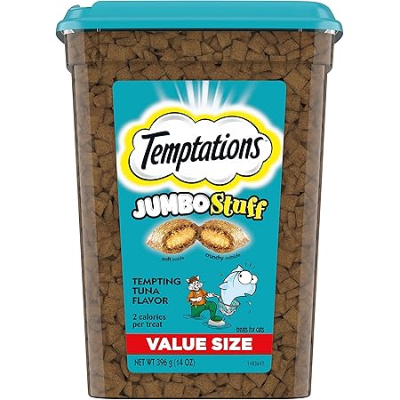 TEMPTATIONS Jumbo Stuff Crunchy and Soft Cat Treats, Tempting Tuna Flavor, 14 oz. Tub