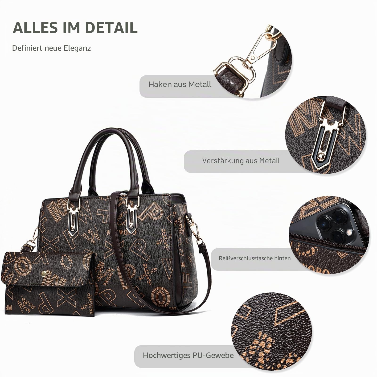 NICOLE & DORIS Handtasche Damen Elegante Tote Bag Mittelgroß Handtaschen Set Geldbörse Schultertasche PU Leder Umhängetasche Bedruckt Henkeltasche für Büro Schule Einkauf Kaffee mit Braun