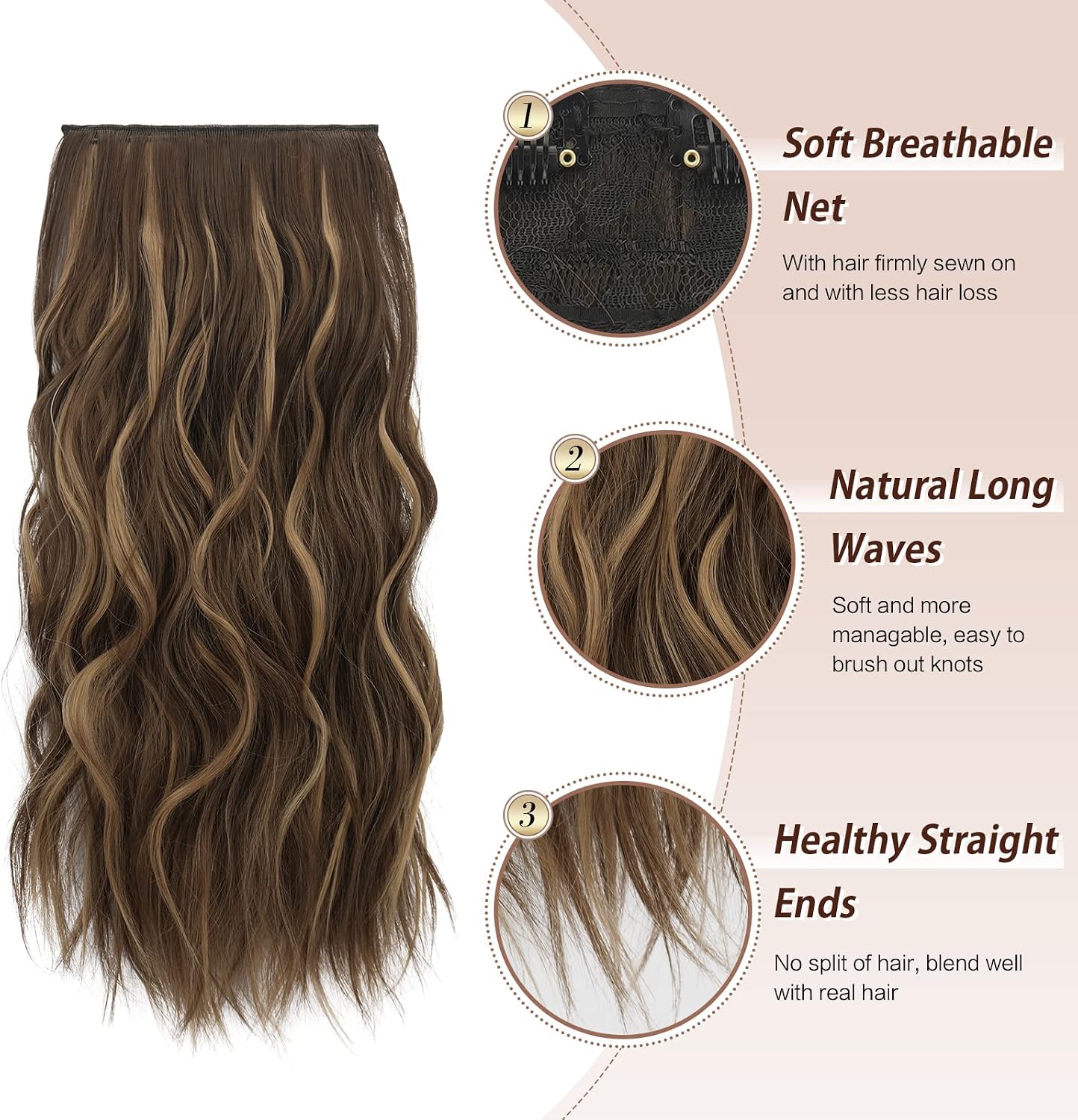 FESHFEN Clip in Hair Extensions 4PCS Honey Blonde Mixed Light Brown Thick Hair Piece Highlighted Long Wavy Clip in Extensions Full Head Synthetic Fiber Hairpieces for Women 20 Inch 180g - Image 4