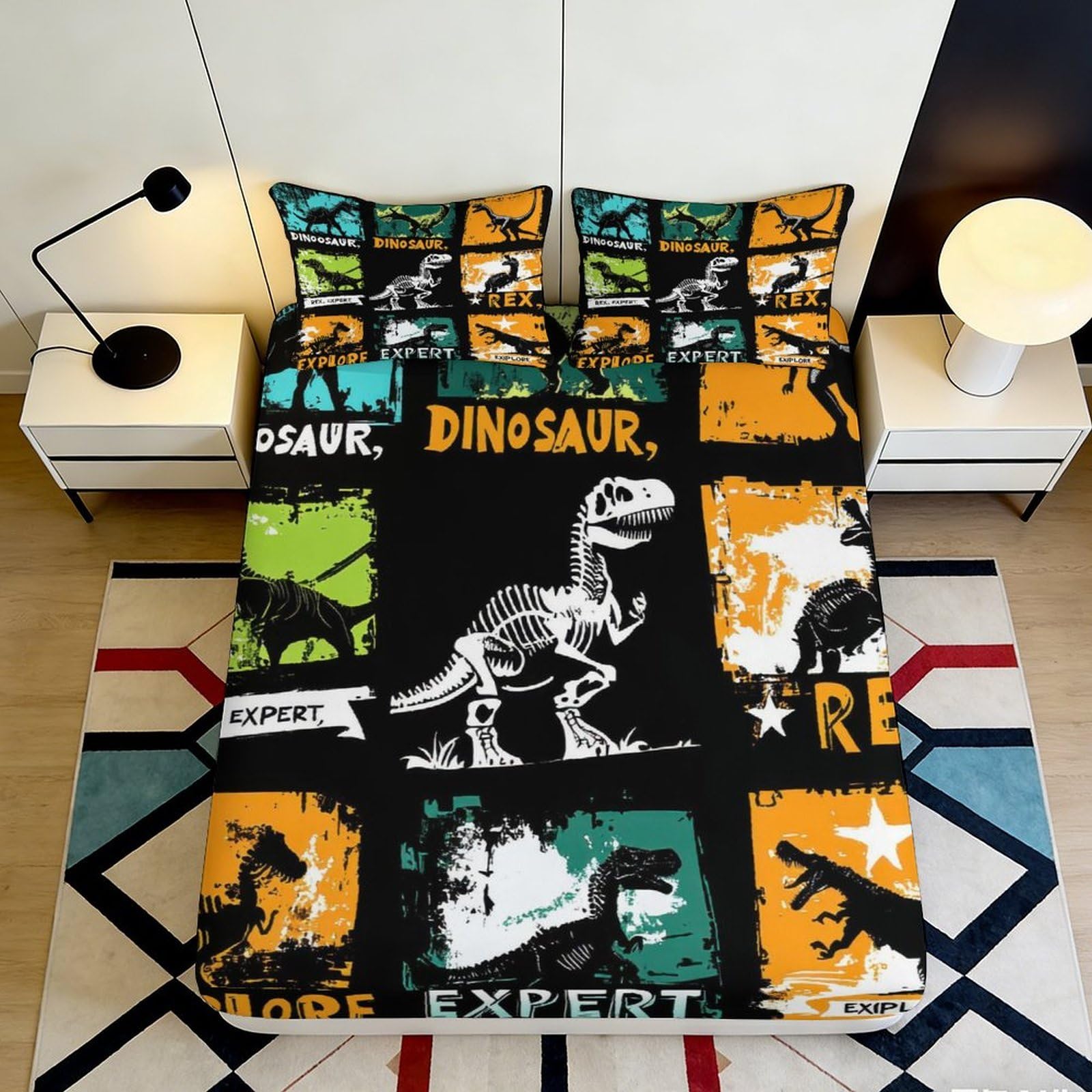 3D Printed Dinosaur Skeleton Fitted Sheet Microfiber Soft Colorful Jurassic Mattress Cover for Bedroom Dorm Decor 140x200x25cm