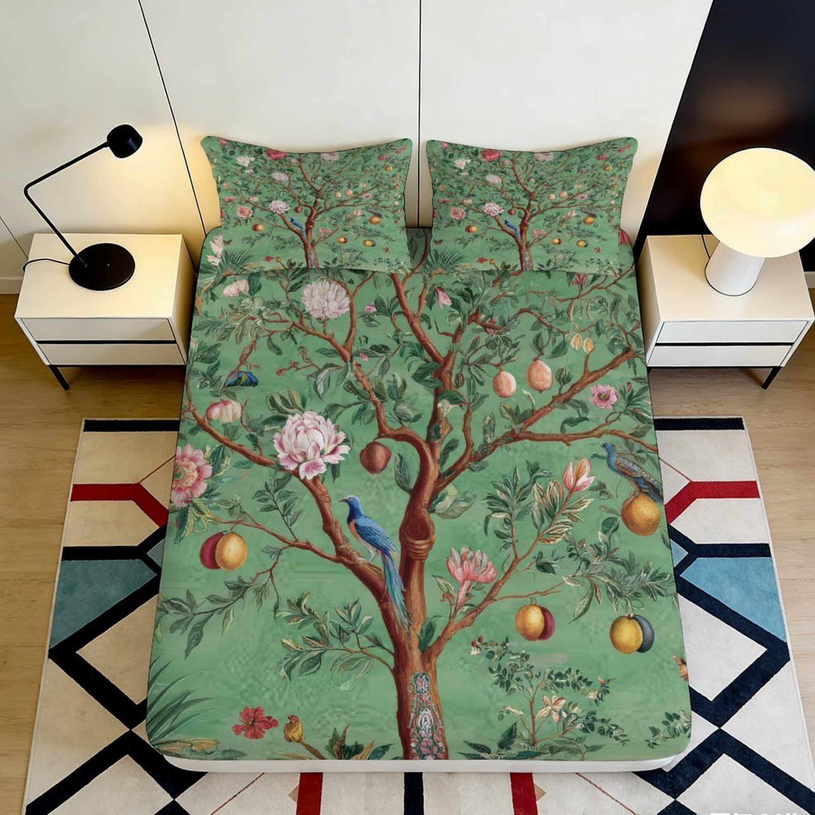 3D Printed Botanical Tree Fitted Sheet Microfiber Soft Green Floral Bird Mattress Cover for Bedroom Dorm Decor 90x200x25cm